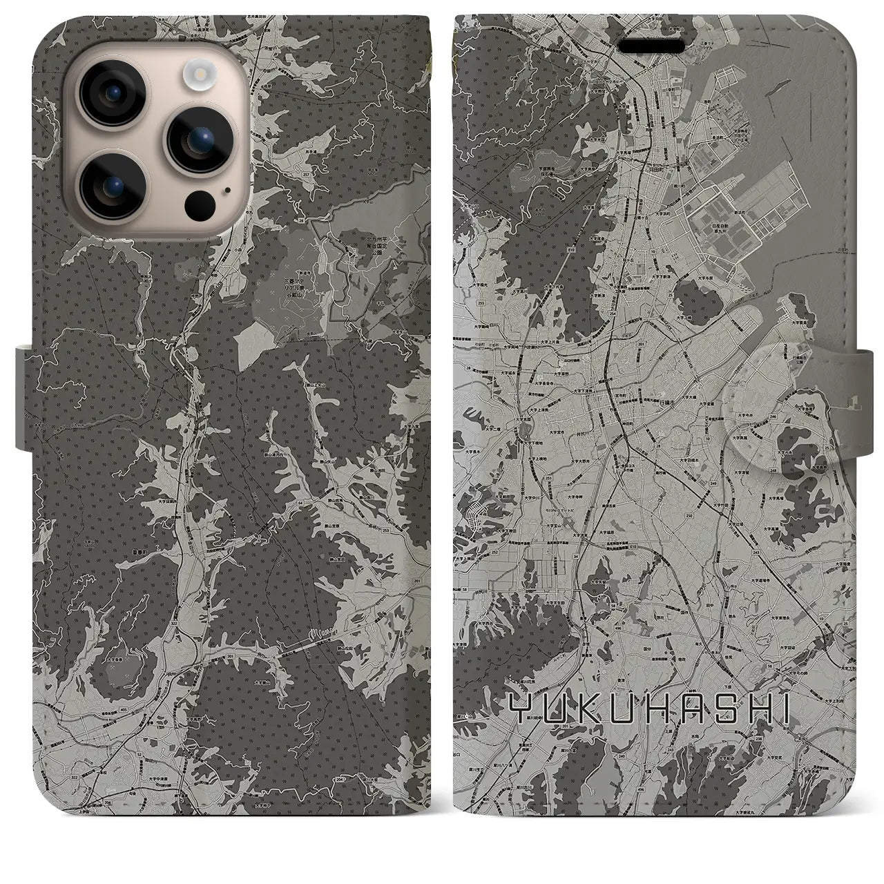 【行橋(福岡県)】地図柄iPhoneケース(手帳タイプ)モノトーン・iPhone 16 Plus 用