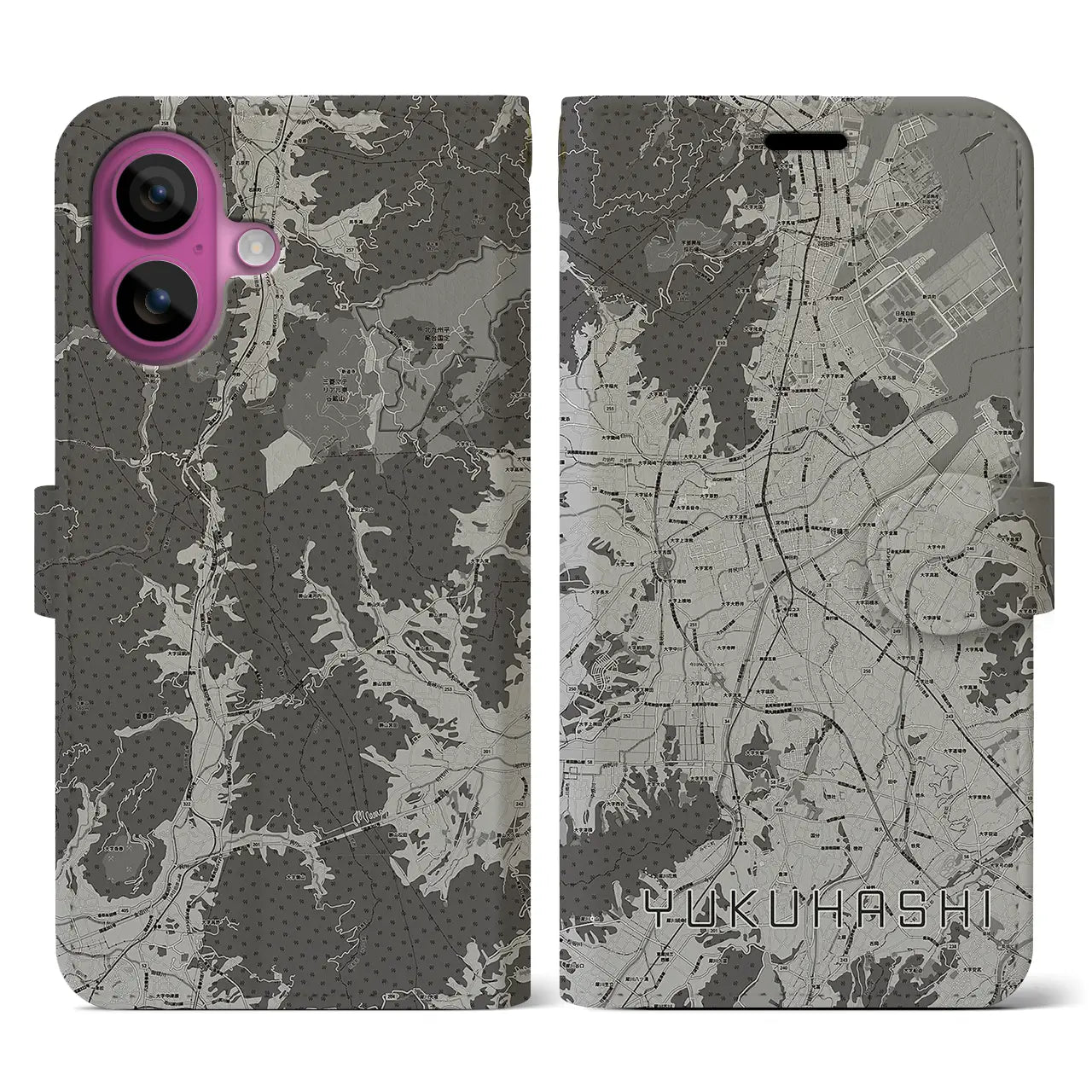 【行橋(福岡県)】地図柄iPhoneケース(手帳タイプ)モノトーン・iPhone 16 Pro 用