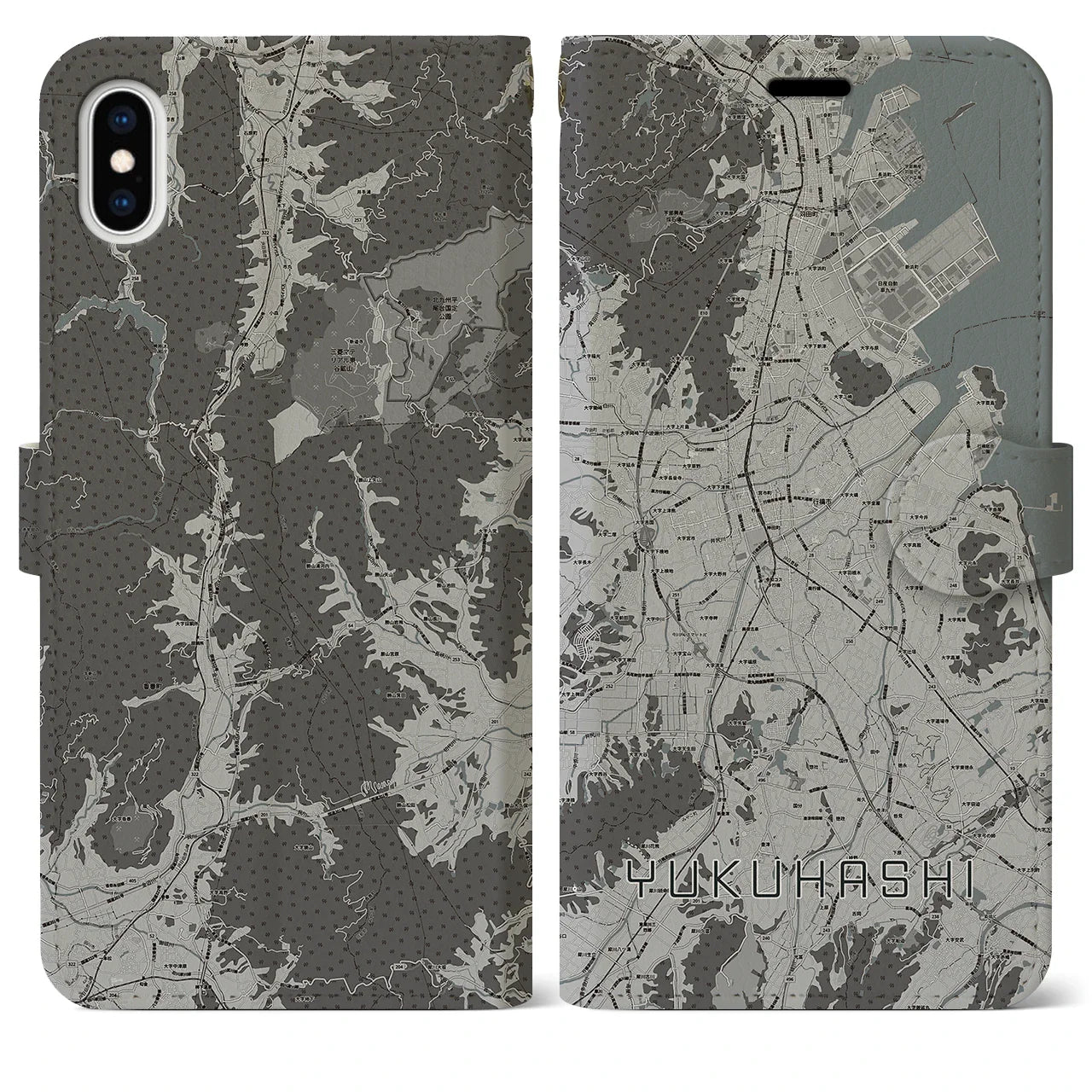 【行橋(福岡県)】地図柄iPhoneケース(手帳タイプ)モノトーン・iPhone XS Max 用