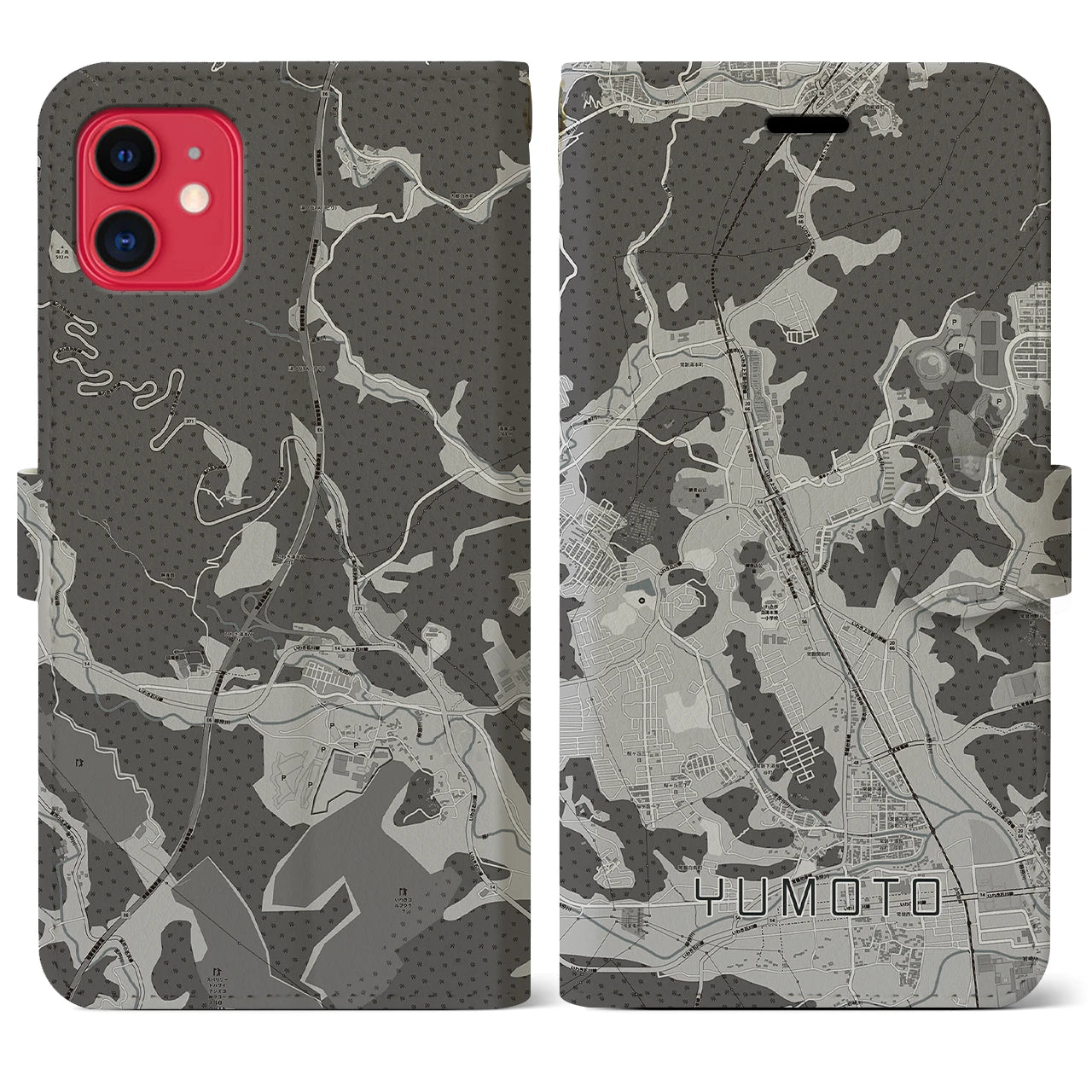【湯本(福島県)】地図柄iPhoneケース(手帳タイプ)モノトーン・iPhone 11 用