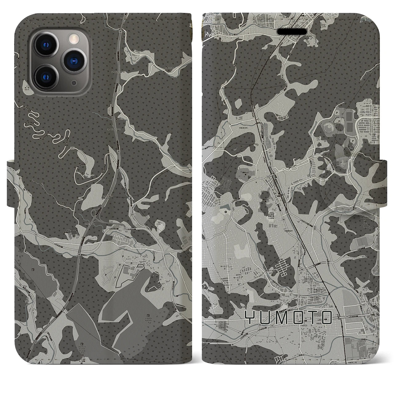 【湯本(福島県)】地図柄iPhoneケース(手帳タイプ)モノトーン・iPhone 11 Pro Max 用
