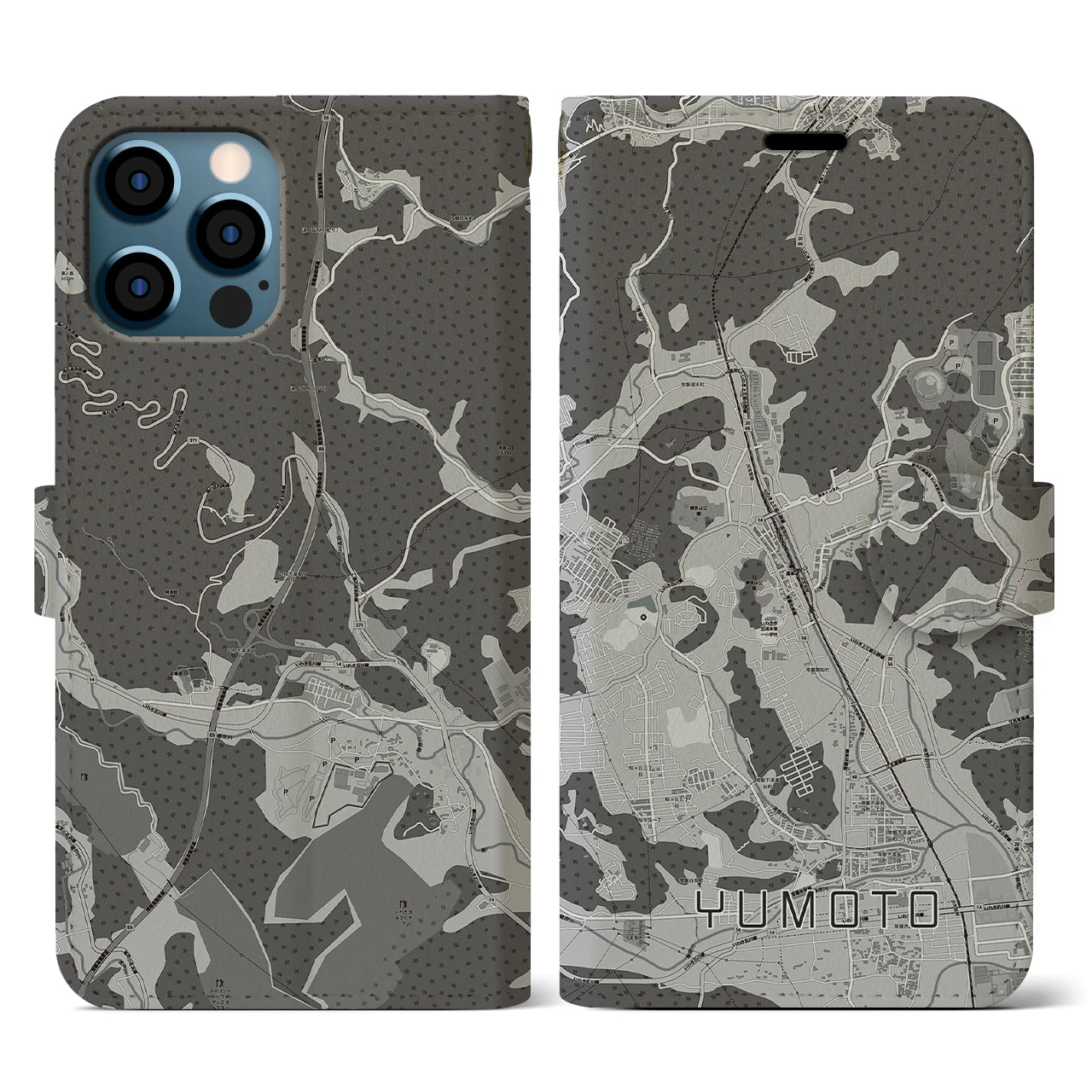 【湯本(福島県)】地図柄iPhoneケース(手帳タイプ)モノトーン・iPhone 12 / 12 Pro 用