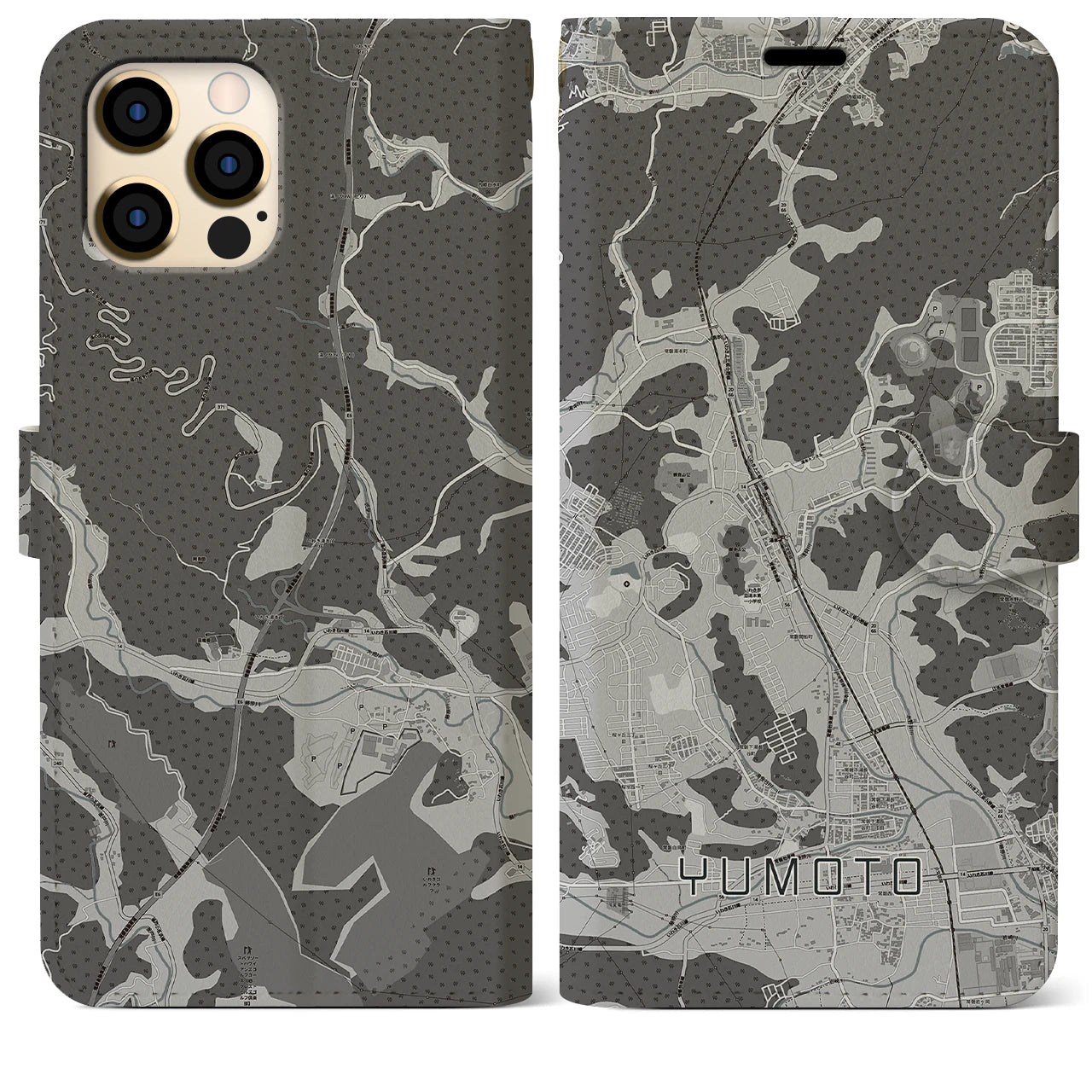 【湯本(福島県)】地図柄iPhoneケース(手帳タイプ)モノトーン・iPhone 12 Pro Max 用