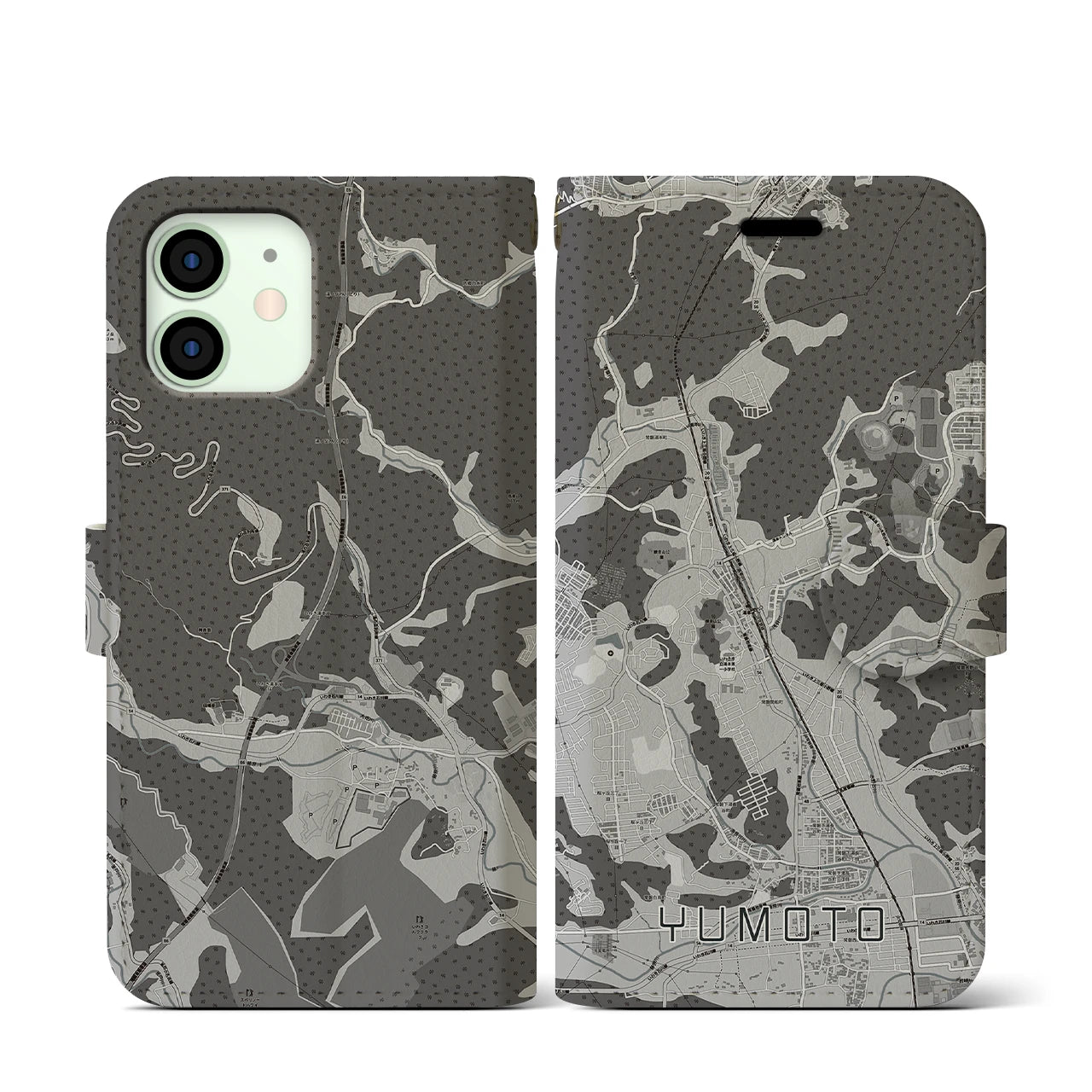 【湯本(福島県)】地図柄iPhoneケース(手帳タイプ)モノトーン・iPhone 12 mini 用