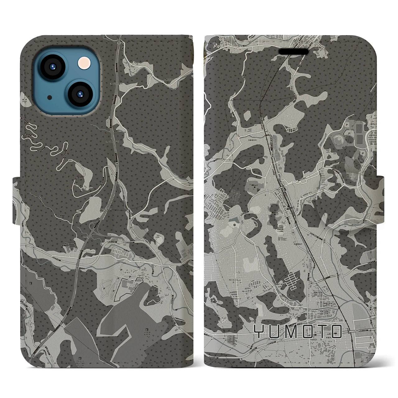 【湯本(福島県)】地図柄iPhoneケース(手帳タイプ)モノトーン・iPhone 13 用