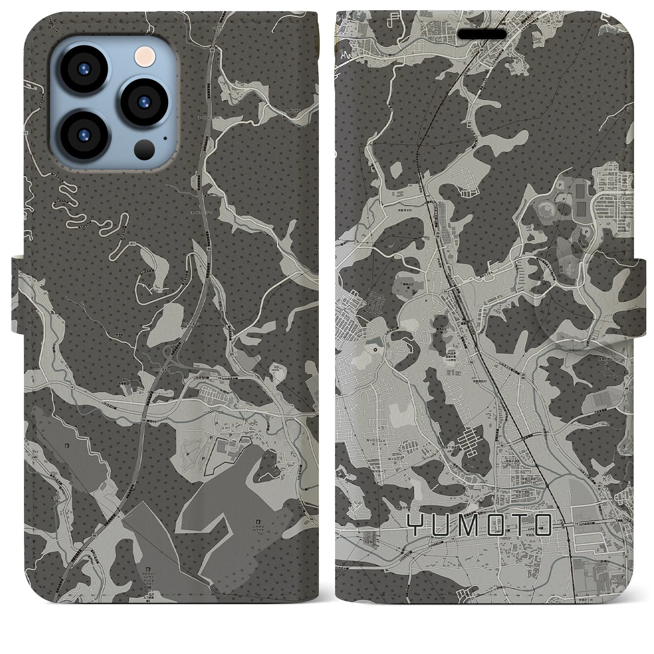 【湯本(福島県)】地図柄iPhoneケース(手帳タイプ)モノトーン・iPhone 13 Pro Max 用