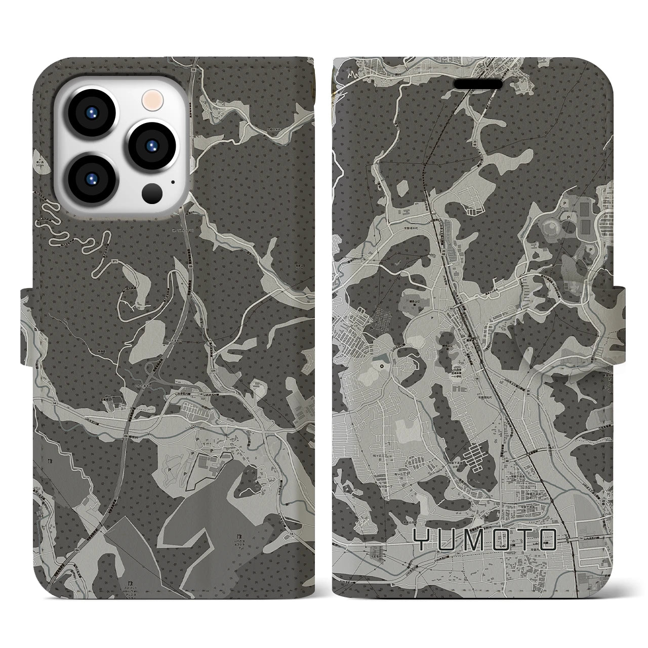 【湯本(福島県)】地図柄iPhoneケース(手帳タイプ)モノトーン・iPhone 13 Pro 用