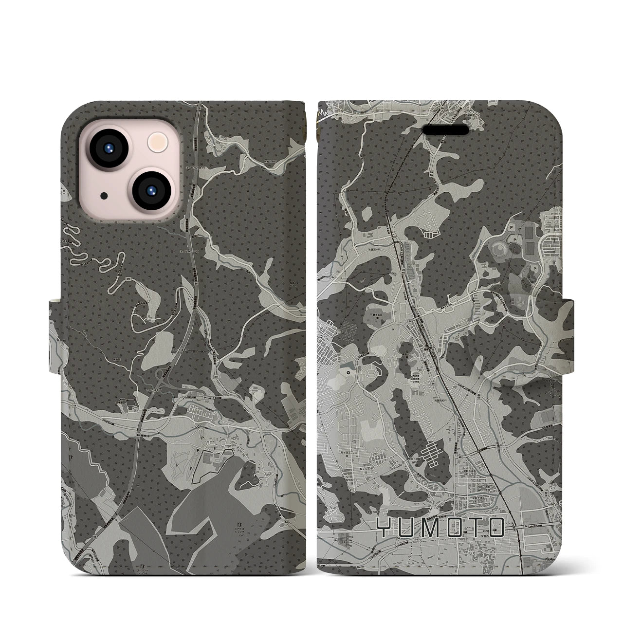 【湯本(福島県)】地図柄iPhoneケース(手帳タイプ)モノトーン・iPhone 13 mini 用