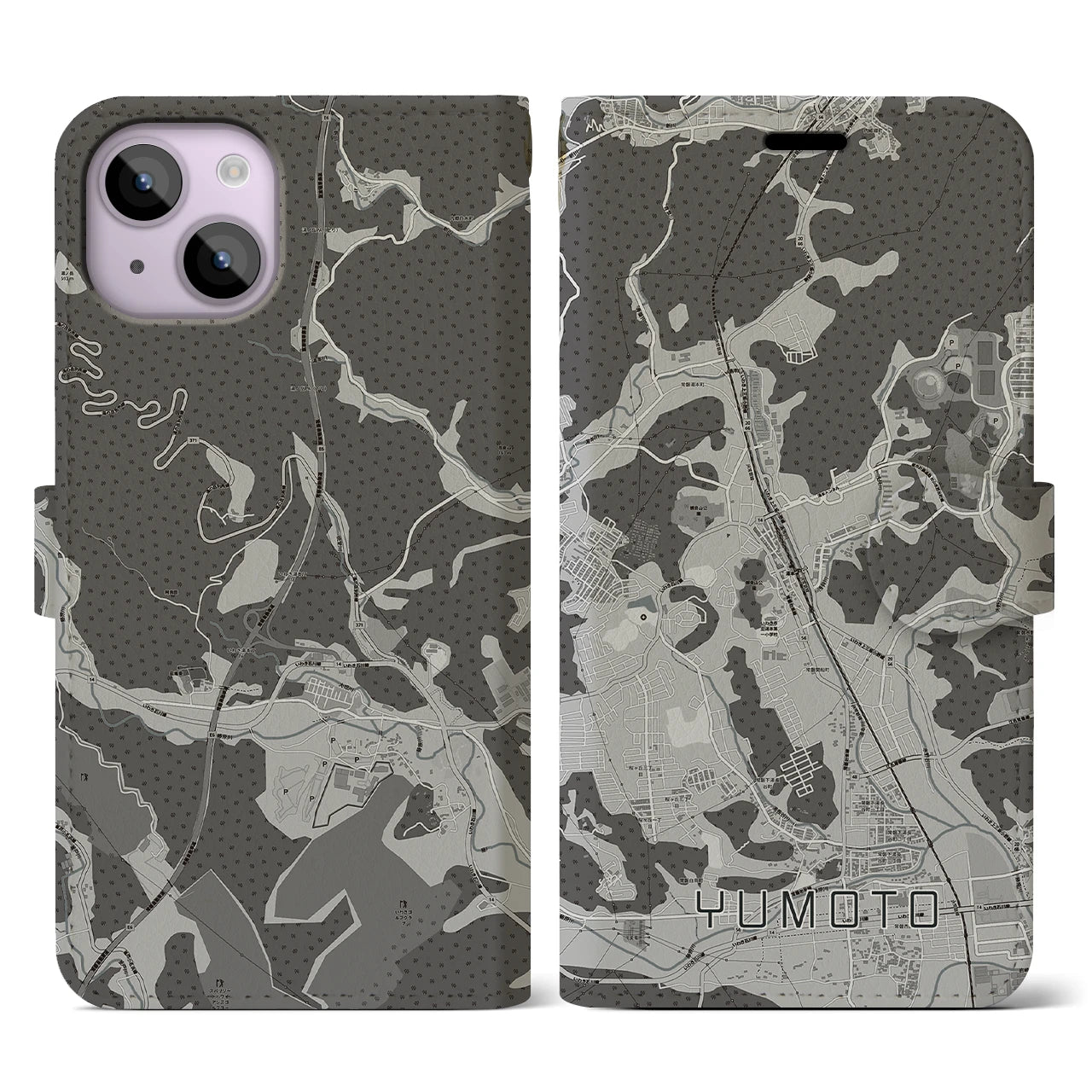 【湯本(福島県)】地図柄iPhoneケース(手帳タイプ)モノトーン・iPhone 14 用