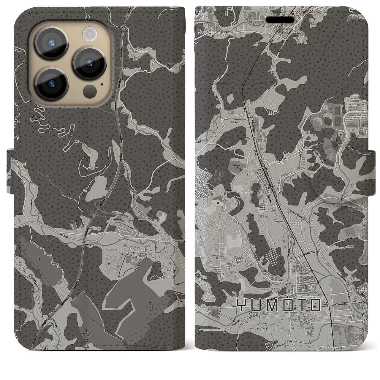 【湯本(福島県)】地図柄iPhoneケース(手帳タイプ)モノトーン・iPhone 14 Pro Max 用