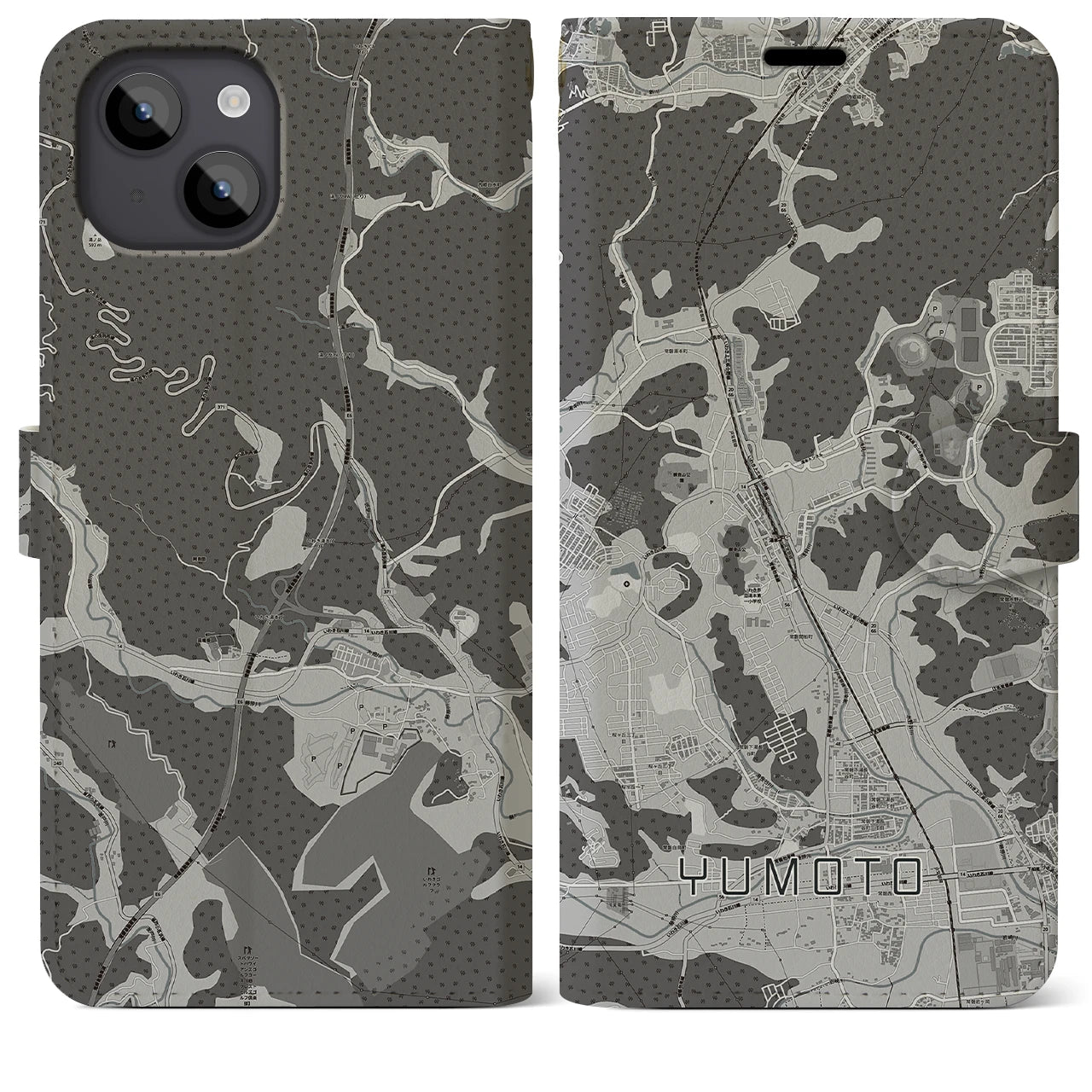 【湯本(福島県)】地図柄iPhoneケース(手帳タイプ)モノトーン・iPhone 14 Plus 用