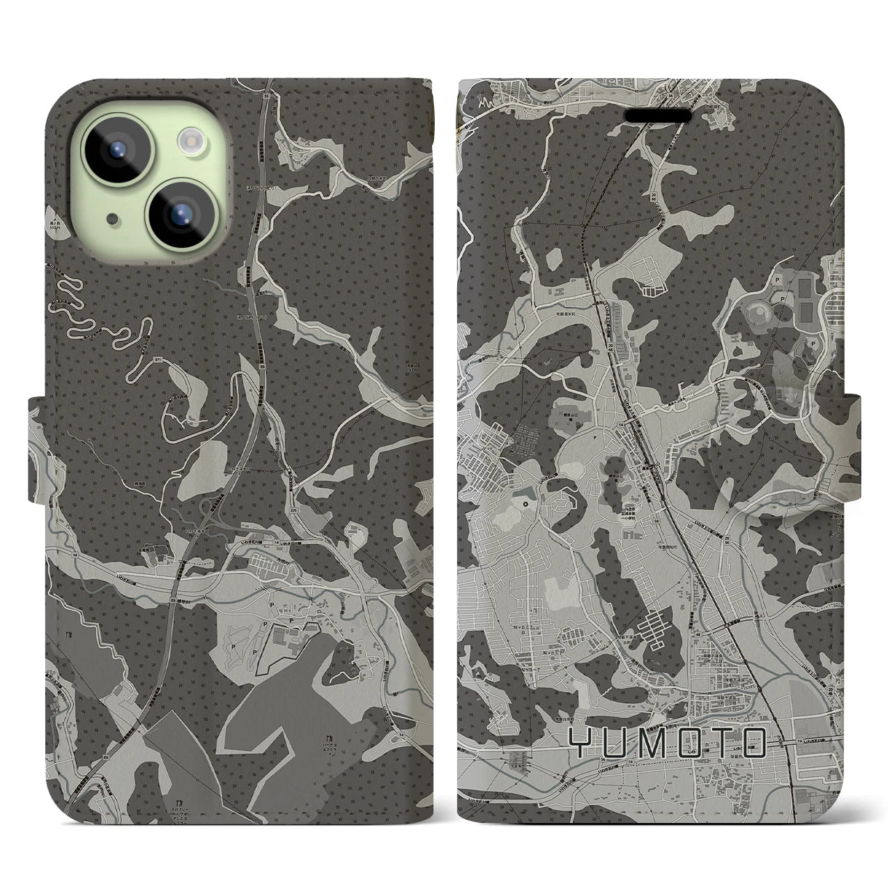 【湯本(福島県)】地図柄iPhoneケース(手帳タイプ)モノトーン・iPhone 15 用