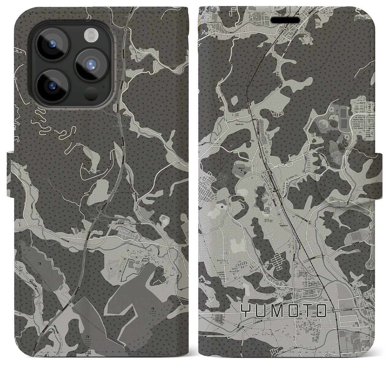 【湯本(福島県)】地図柄iPhoneケース(手帳タイプ)モノトーン・iPhone 15 Pro Max 用