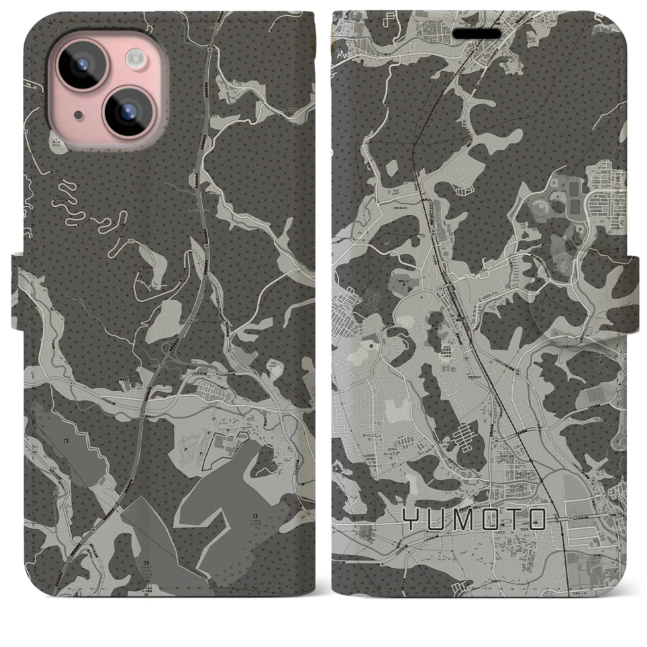 【湯本(福島県)】地図柄iPhoneケース(手帳タイプ)モノトーン・iPhone 15 Plus 用