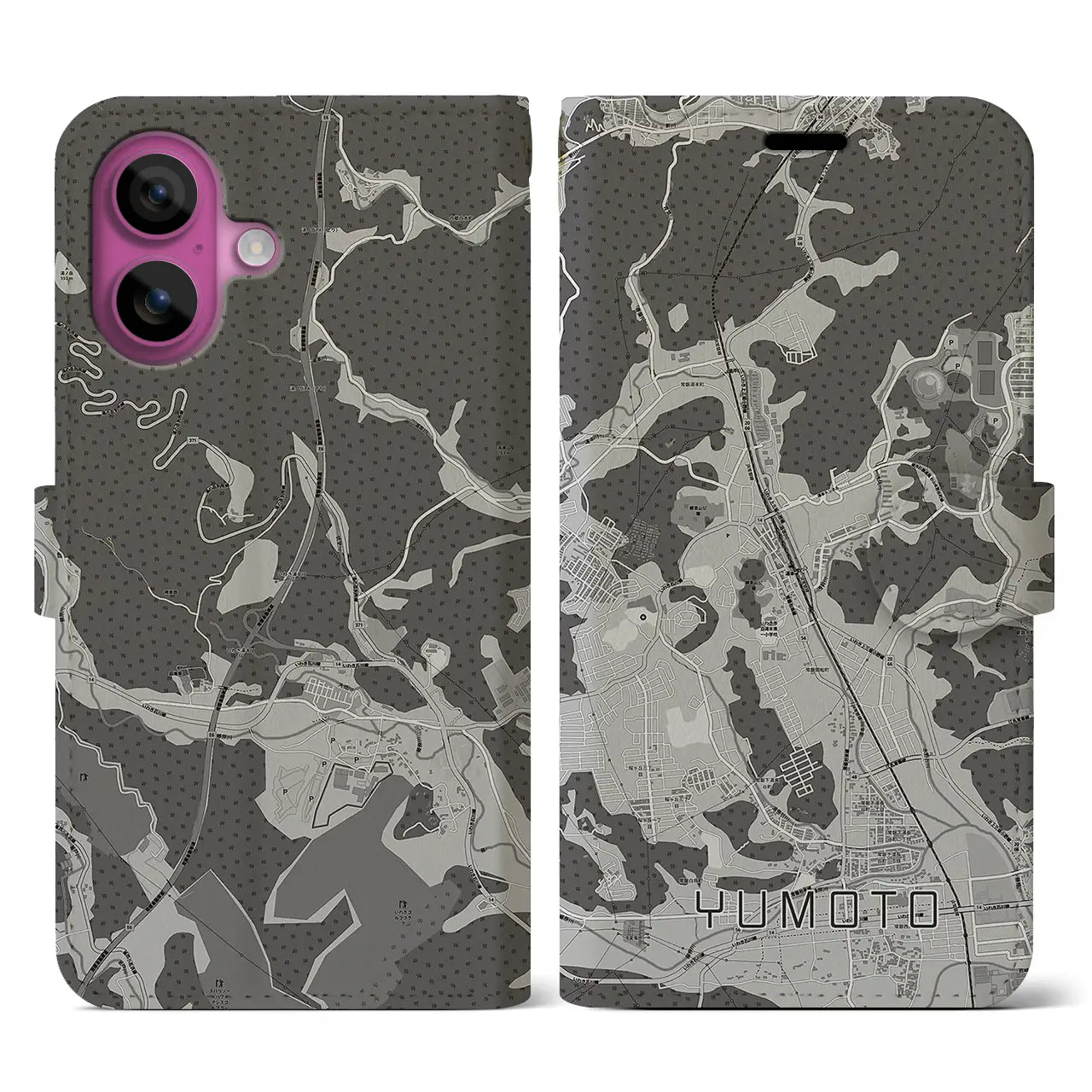 【湯本(福島県)】地図柄iPhoneケース(手帳タイプ)モノトーン・iPhone 16 Pro 用