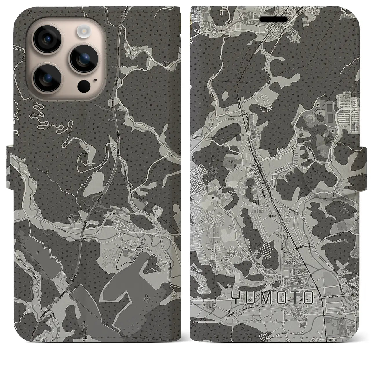 【湯本(福島県)】地図柄iPhoneケース(手帳タイプ)モノトーン・iPhone 16 Plus 用