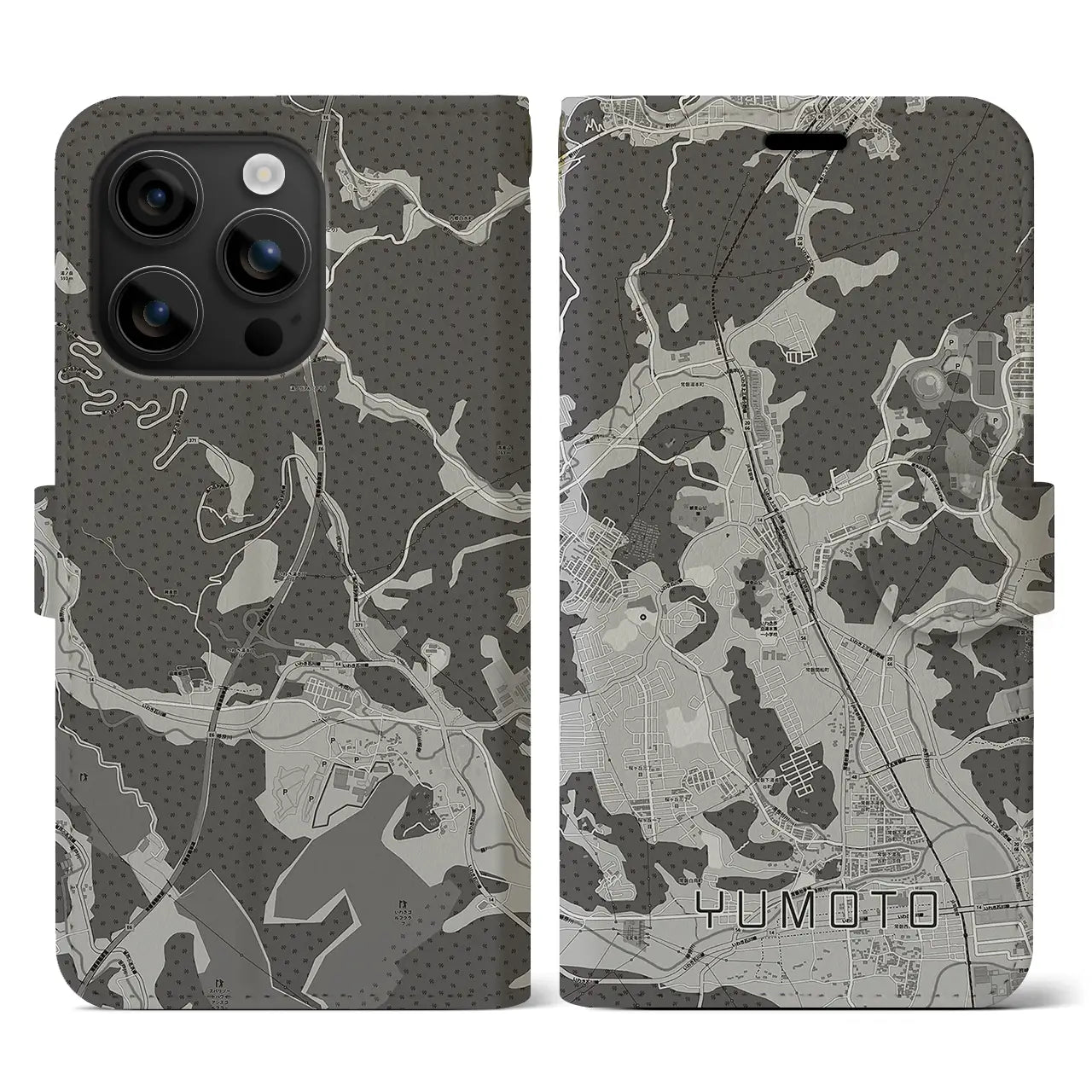 【湯本(福島県)】地図柄iPhoneケース(手帳タイプ)モノトーン・iPhone 16 用