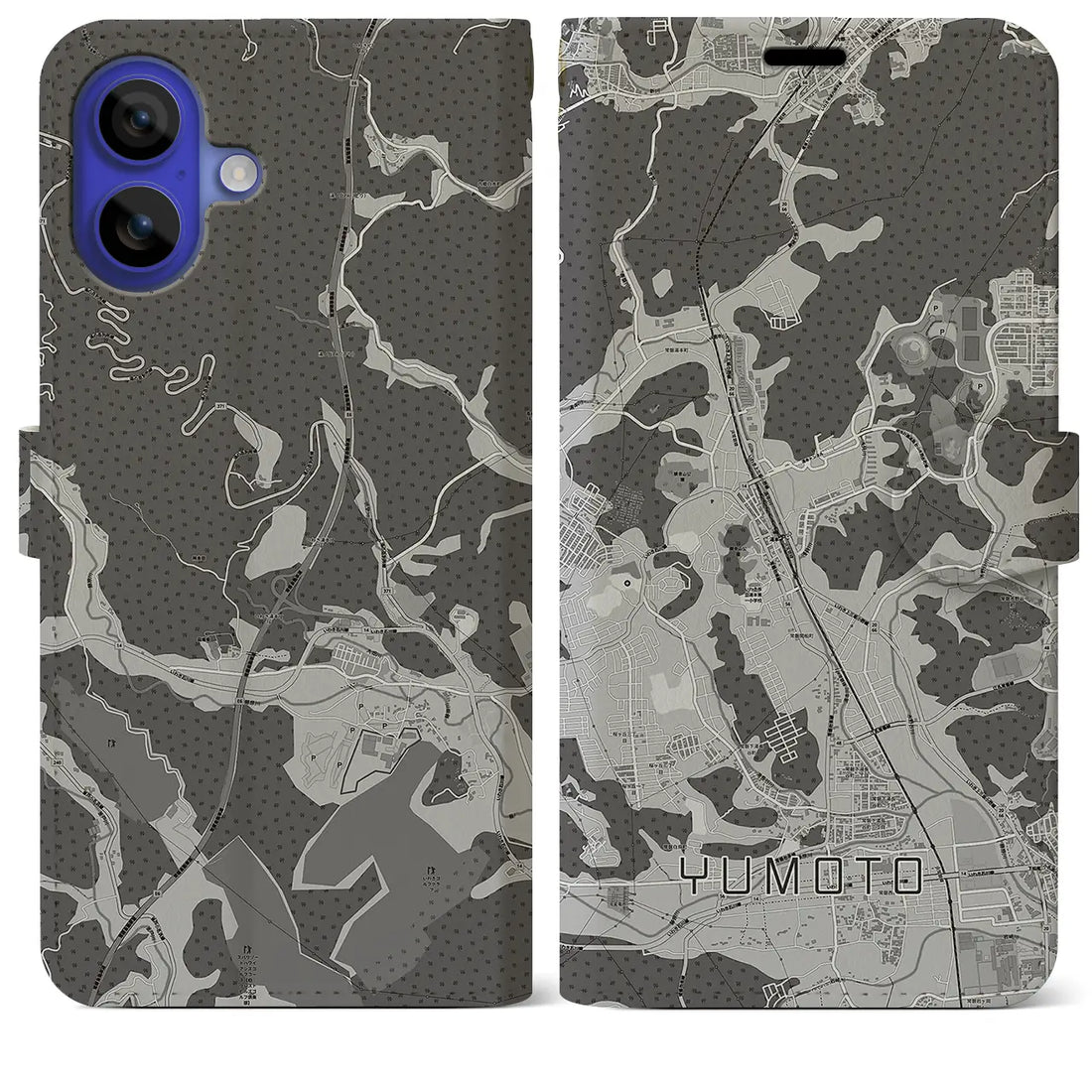 【湯本(福島県)】地図柄iPhoneケース(手帳タイプ)モノトーン・iPhone 16 Pro Max 用