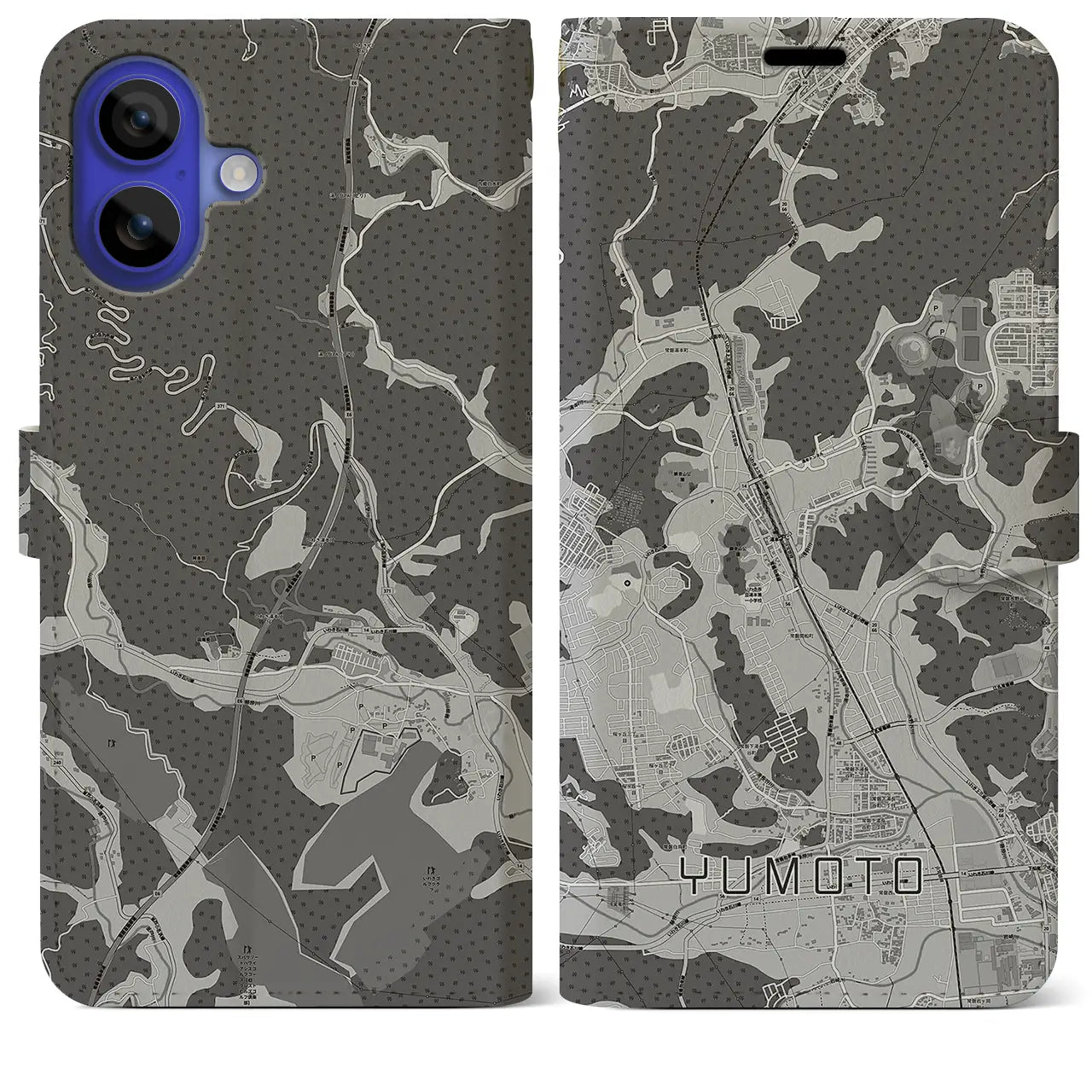 【湯本(福島県)】地図柄iPhoneケース(手帳タイプ)モノトーン・iPhone 16 Pro Max 用