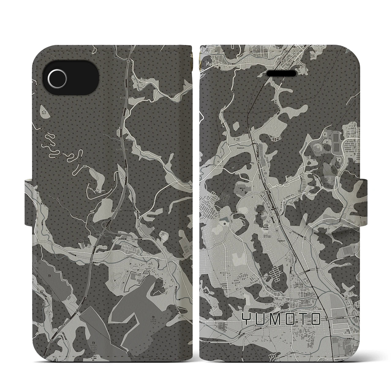 【湯本(福島県)】地図柄iPhoneケース(手帳タイプ)モノトーン・iPhone SE(第3 / 第2世代) / 8 / 7 / 6s / 6 用