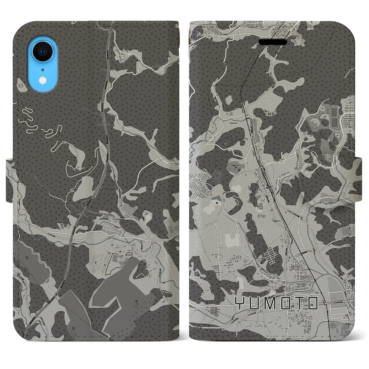 【湯本(福島県)】地図柄iPhoneケース(手帳タイプ)モノトーン・iPhone XR 用