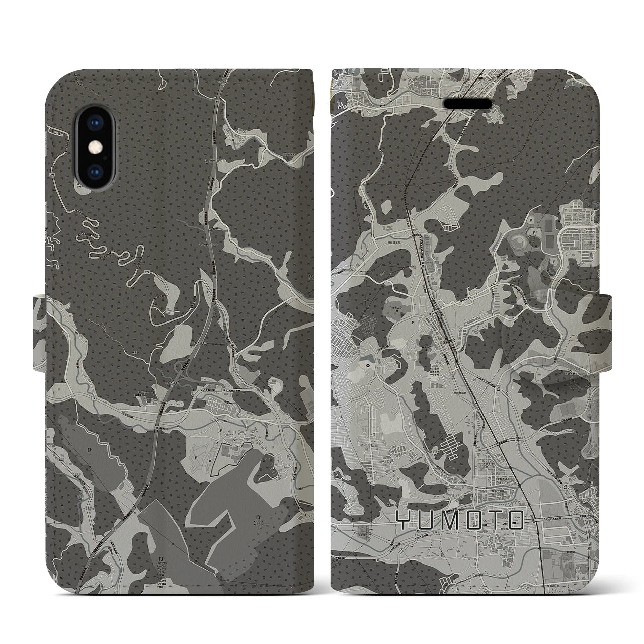 【湯本(福島県)】地図柄iPhoneケース(手帳タイプ)モノトーン・iPhone XS / X 用