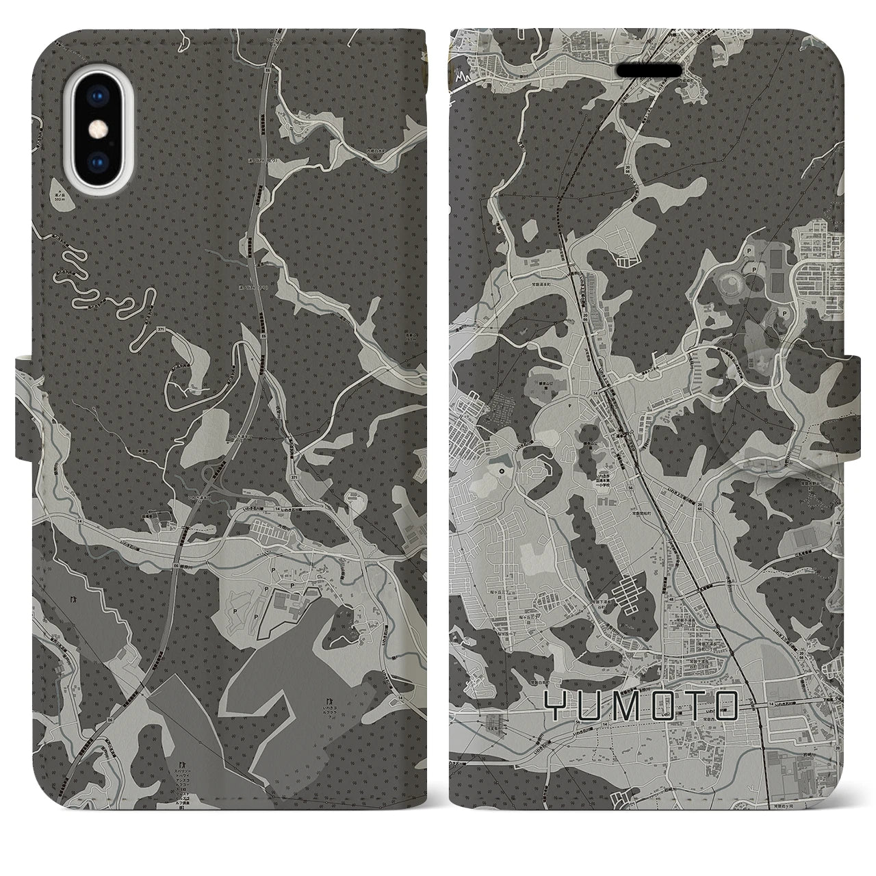 【湯本(福島県)】地図柄iPhoneケース(手帳タイプ)モノトーン・iPhone XS Max 用
