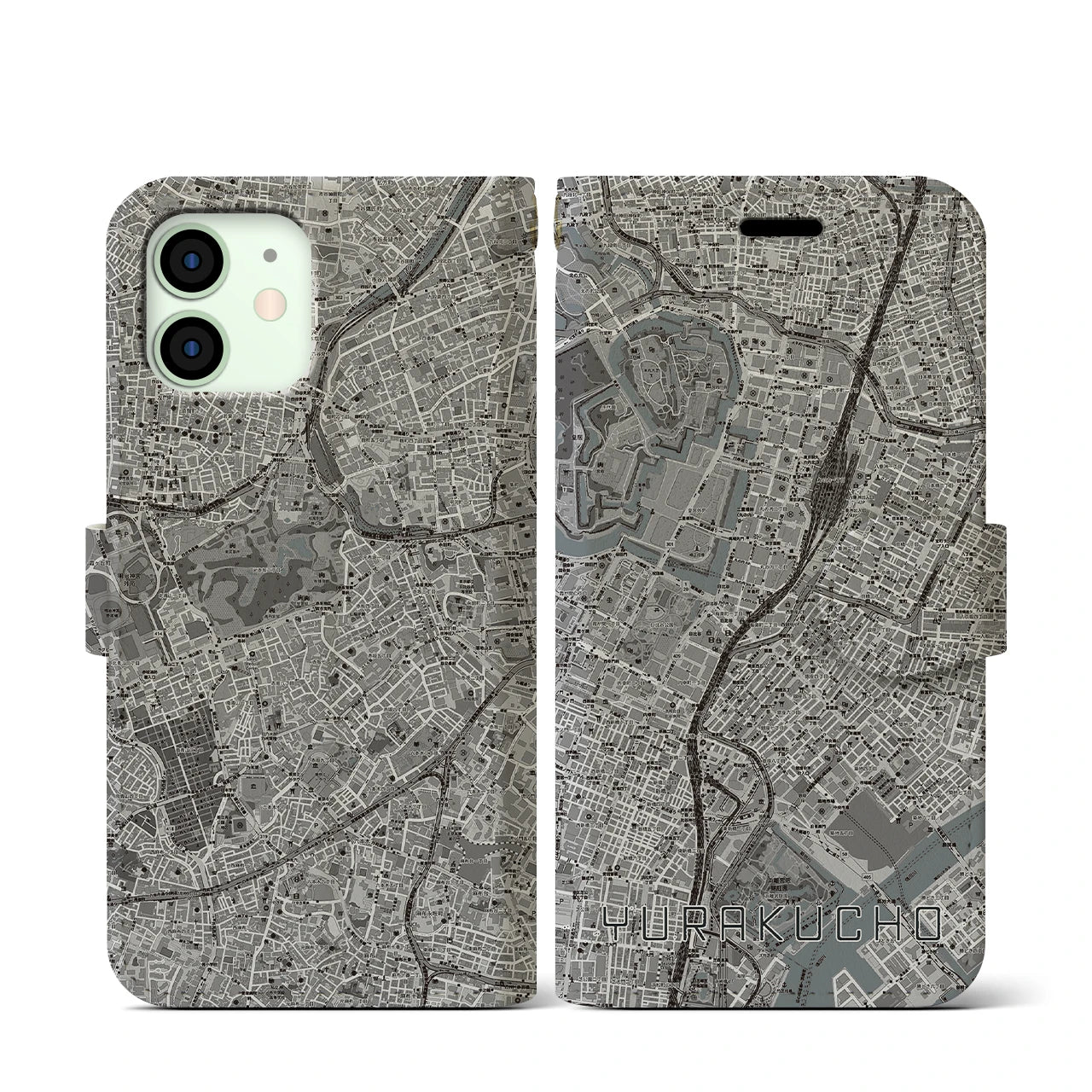 【有楽町(東京都)】地図柄iPhoneケース(手帳タイプ)モノトーン・iPhone 12 mini 用