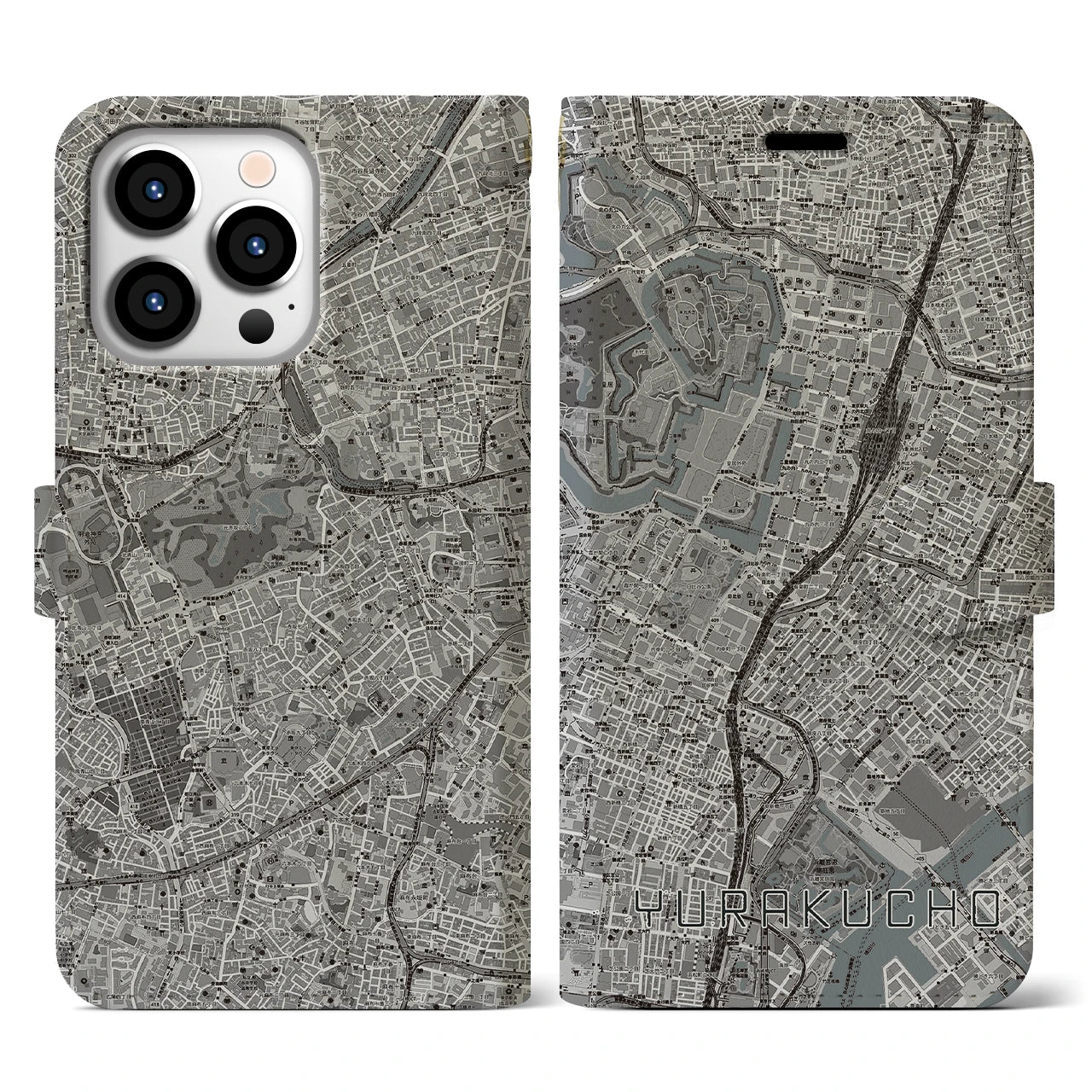 【有楽町(東京都)】地図柄iPhoneケース(手帳タイプ)モノトーン・iPhone 13 Pro 用