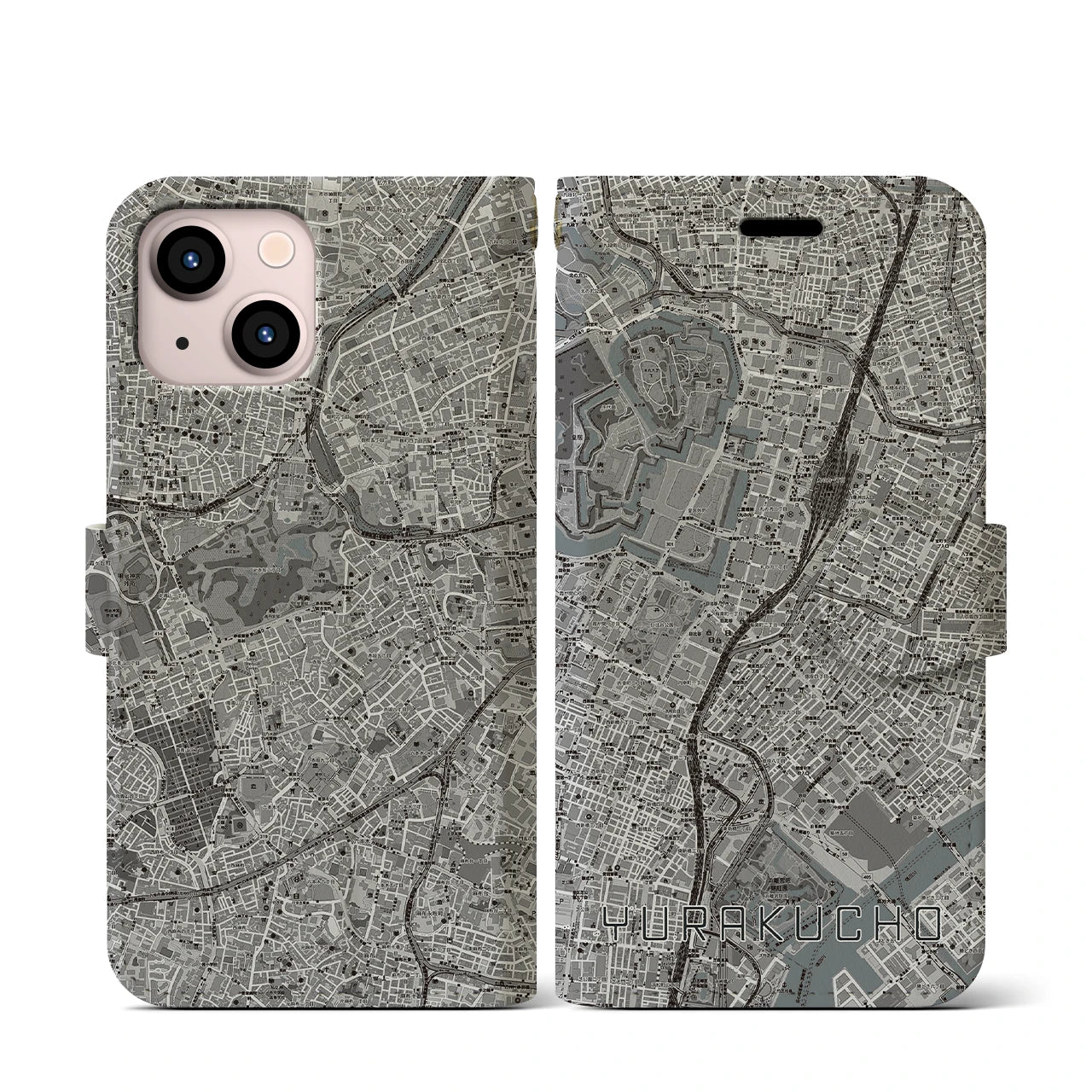 【有楽町(東京都)】地図柄iPhoneケース(手帳タイプ)モノトーン・iPhone 13 mini 用