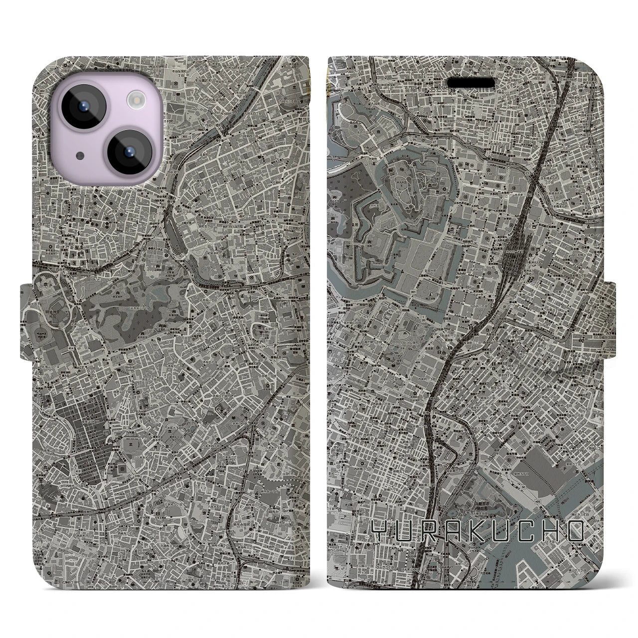 【有楽町(東京都)】地図柄iPhoneケース(手帳タイプ)モノトーン・iPhone 14 用