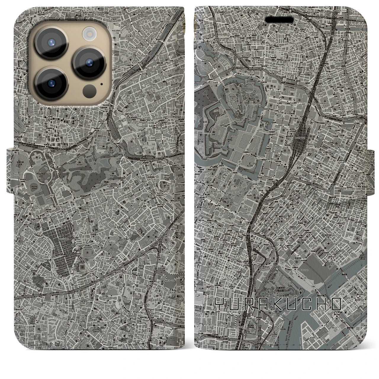 【有楽町(東京都)】地図柄iPhoneケース(手帳タイプ)モノトーン・iPhone 14 Pro Max 用