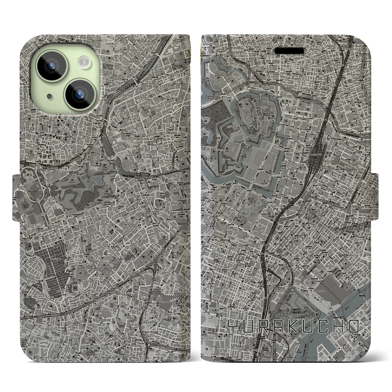 【有楽町(東京都)】地図柄iPhoneケース(手帳タイプ)モノトーン・iPhone 15 用