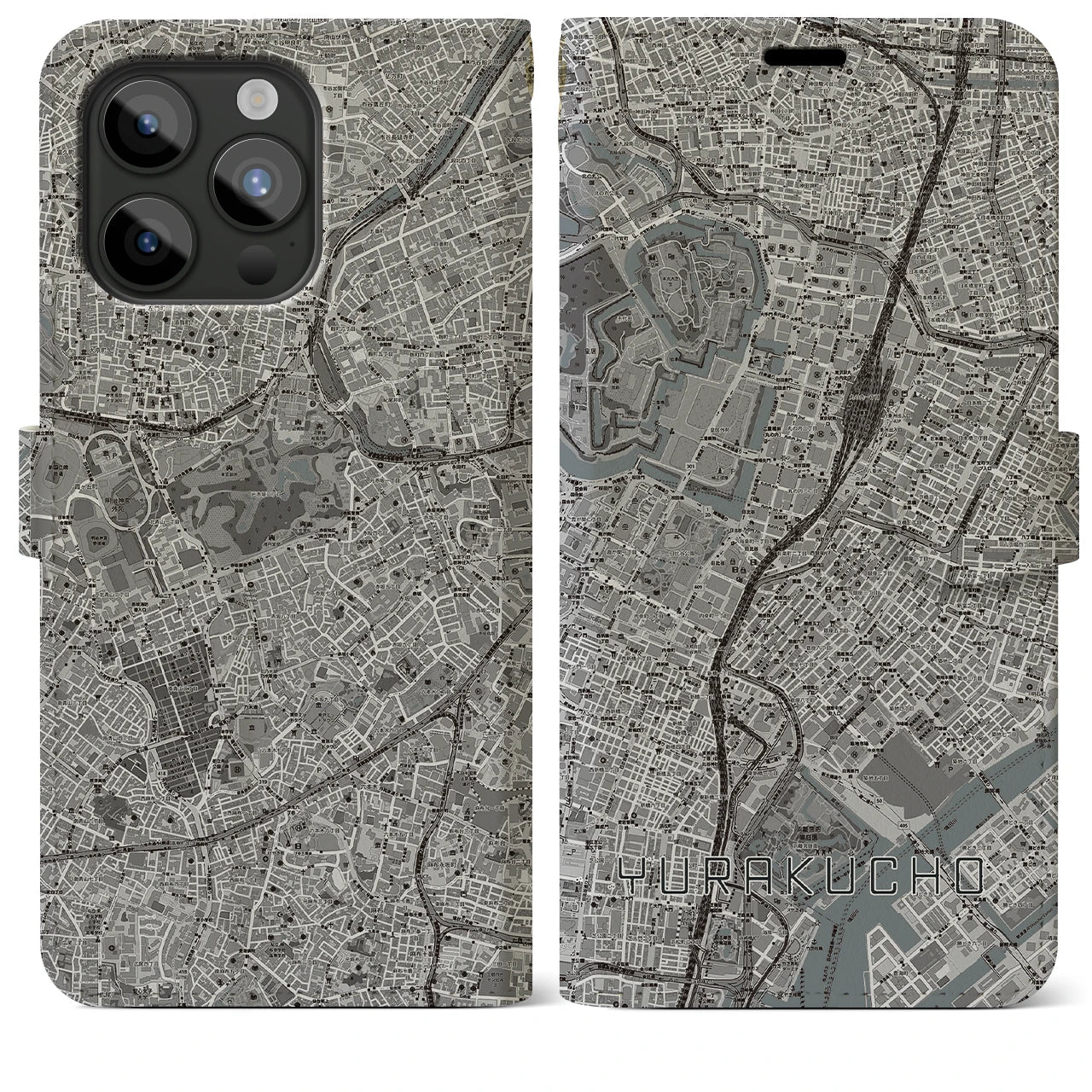 【有楽町(東京都)】地図柄iPhoneケース(手帳タイプ)モノトーン・iPhone 15 Pro Max 用