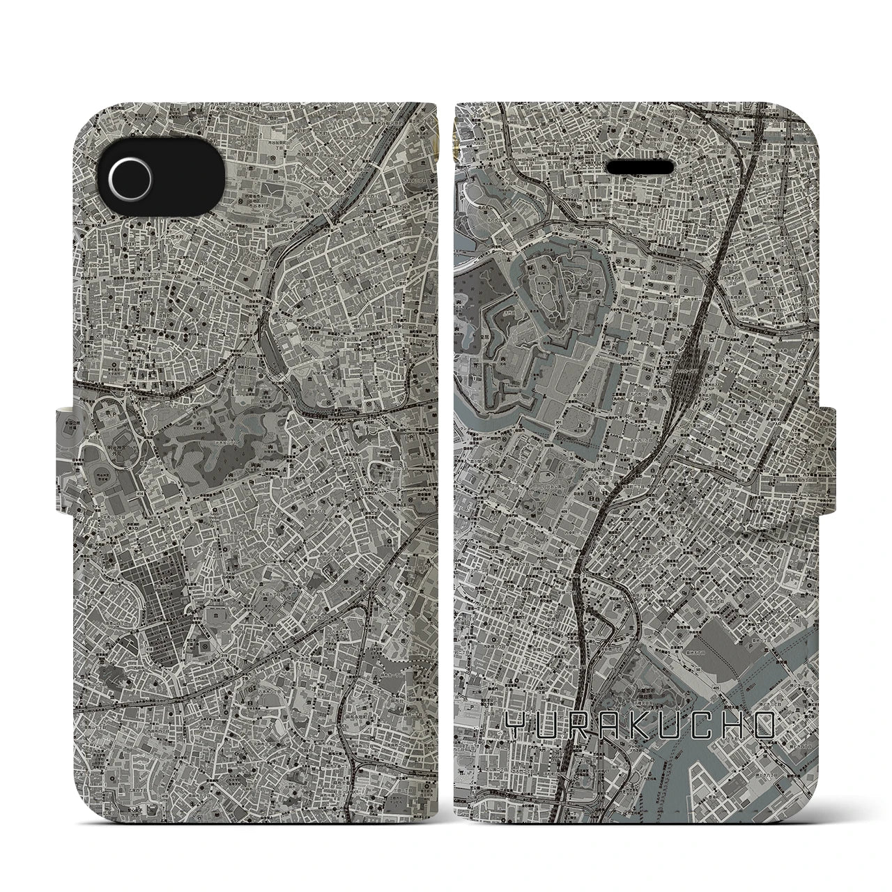 【有楽町(東京都)】地図柄iPhoneケース(手帳タイプ)モノトーン・iPhone SE(第3 / 第2世代) / 8 / 7 / 6s / 6 用