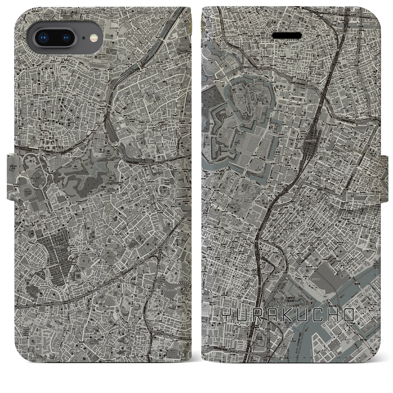 【有楽町(東京都)】地図柄iPhoneケース(手帳タイプ)モノトーン・iPhone 8Plus /7Plus / 6sPlus / 6Plus 用