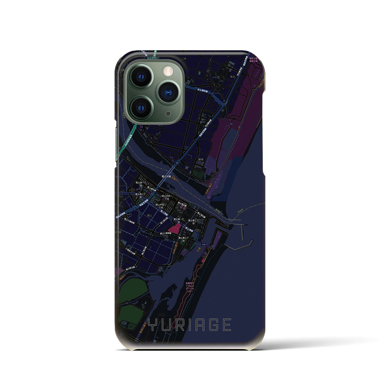 【閖上(宮城県)】地図柄iPhoneケース(バックカバータイプ)ブラック・iPhone 11 Pro 用