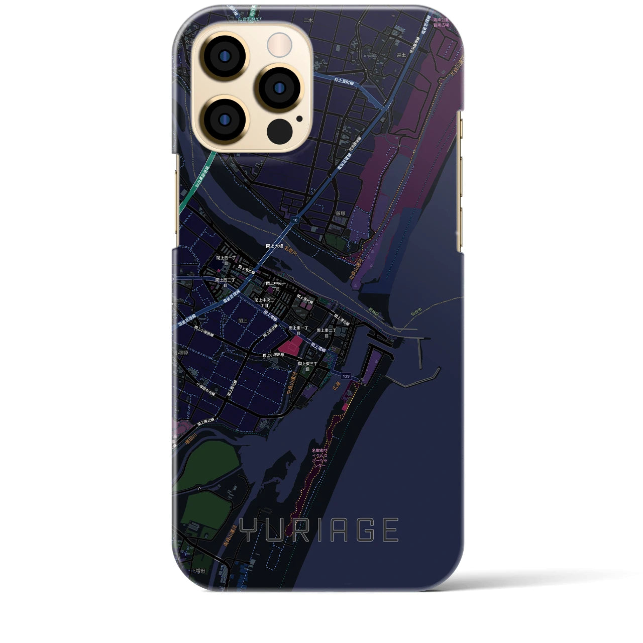 【閖上(宮城県)】地図柄iPhoneケース(バックカバータイプ)ブラック・iPhone 12 Pro Max 用