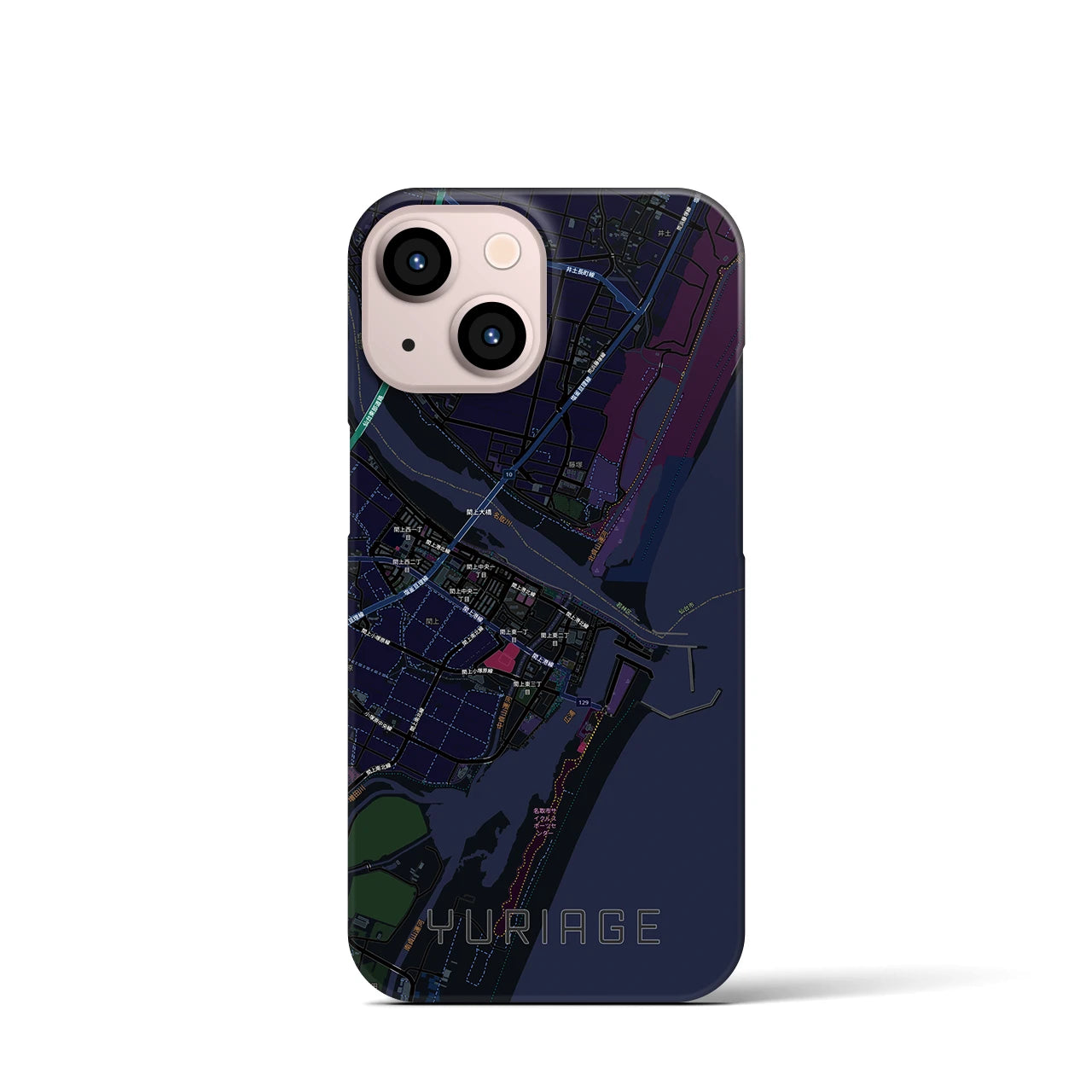 【閖上(宮城県)】地図柄iPhoneケース(バックカバータイプ)ブラック・iPhone 13 mini 用