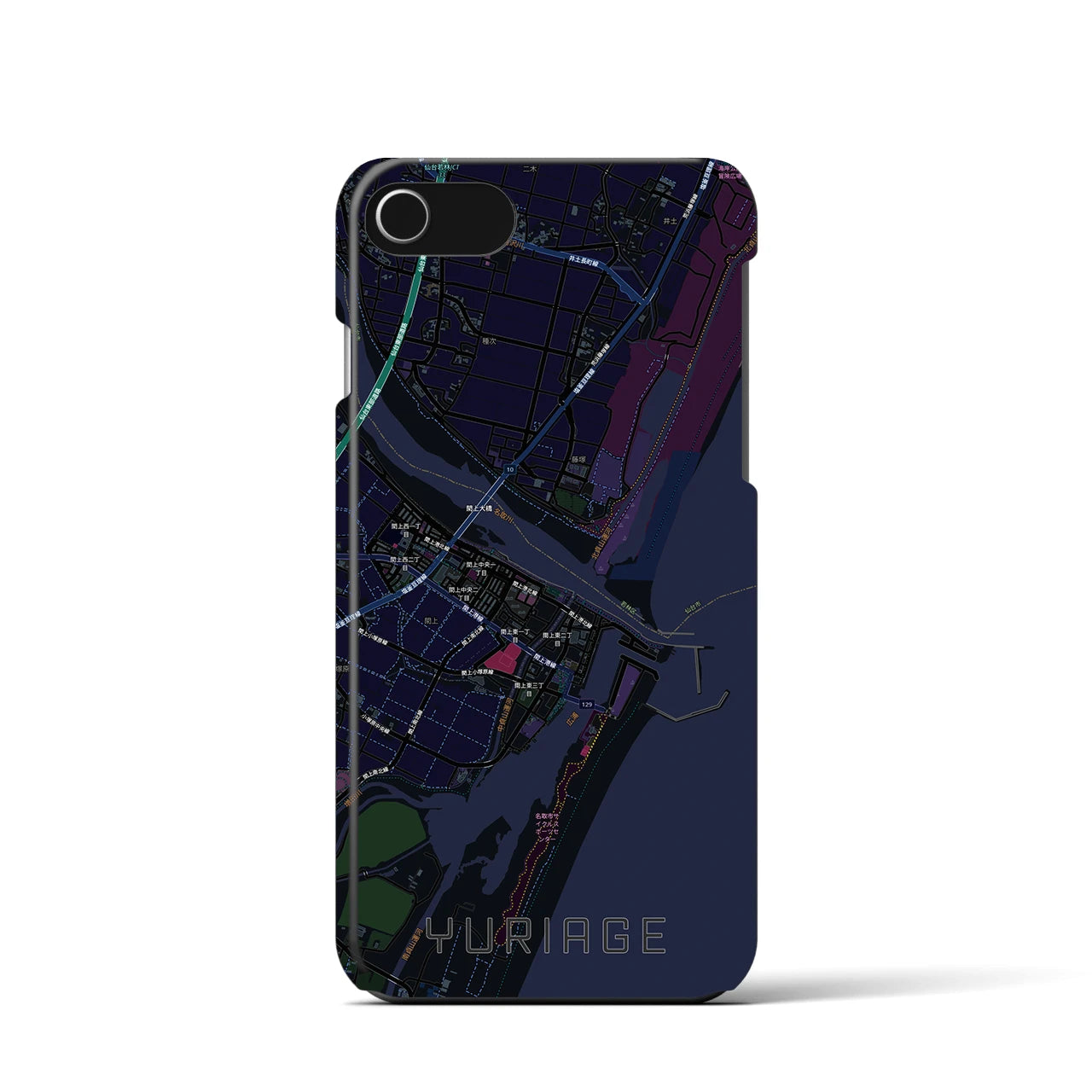 【閖上(宮城県)】地図柄iPhoneケース(バックカバータイプ)ブラック・iPhone SE(第3 / 第2世代) / 8 / 7 / 6s / 6 用