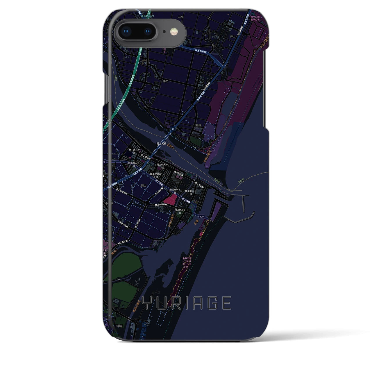 【閖上(宮城県)】地図柄iPhoneケース(バックカバータイプ)ブラック・iPhone 8Plus /7Plus / 6sPlus / 6Plus 用
