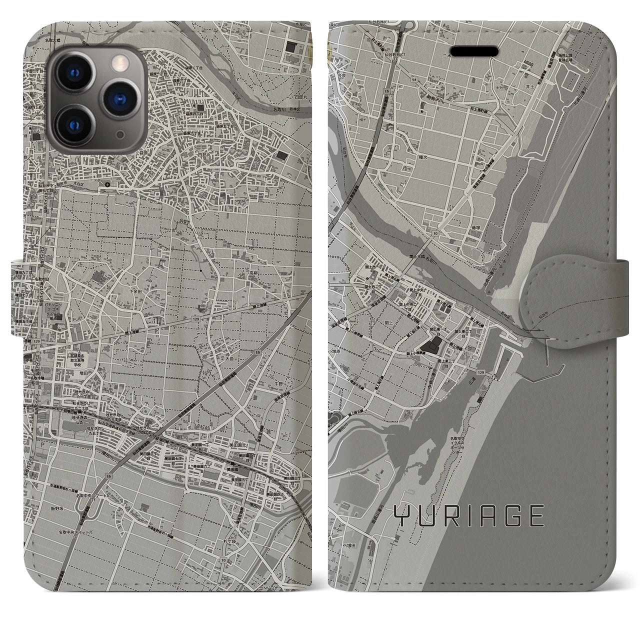 【閖上(宮城県)】地図柄iPhoneケース(手帳タイプ)モノトーン・iPhone 11 Pro Max 用