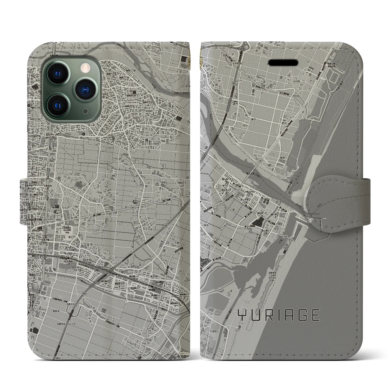 【閖上(宮城県)】地図柄iPhoneケース(手帳タイプ)モノトーン・iPhone 11 Pro 用