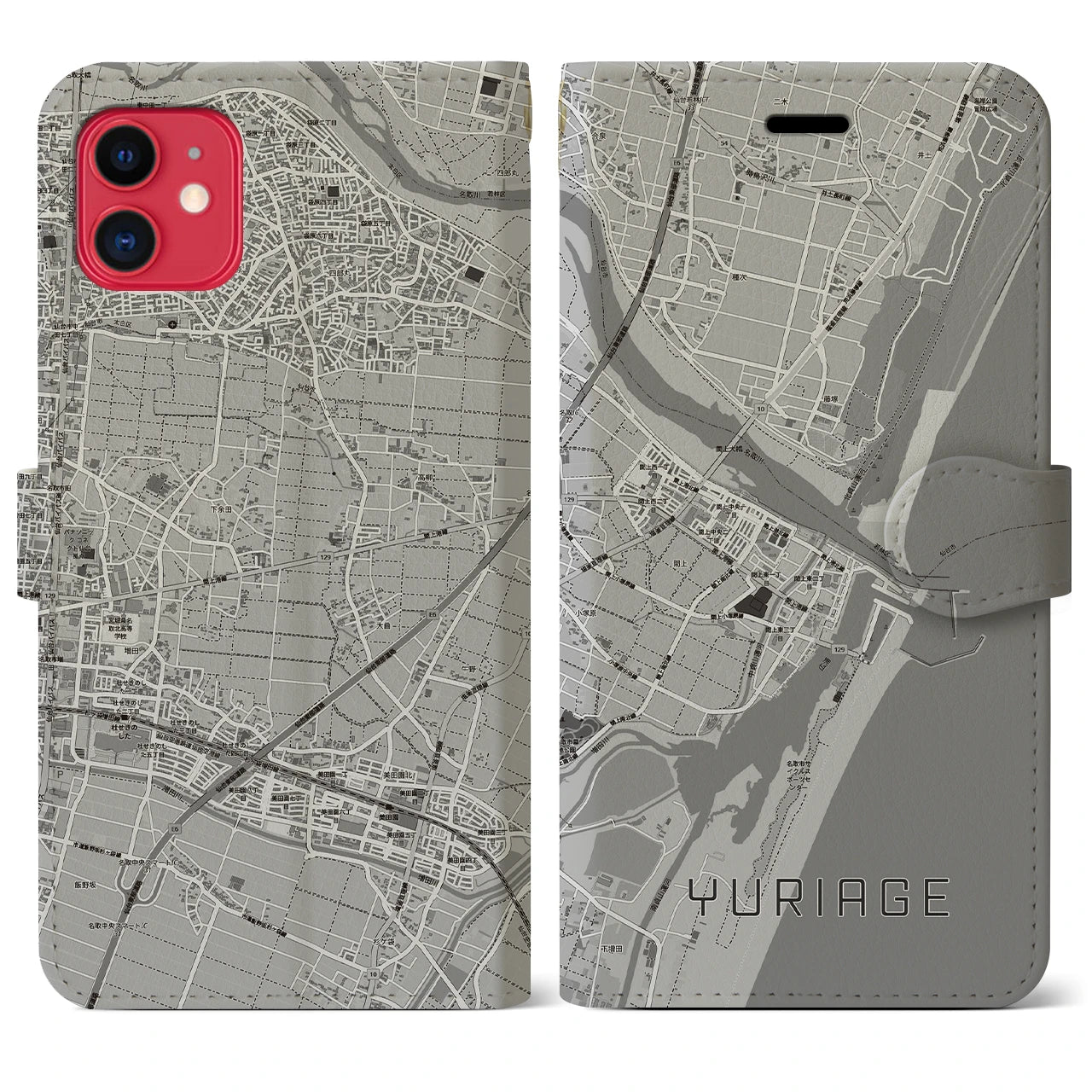【閖上(宮城県)】地図柄iPhoneケース(手帳タイプ)モノトーン・iPhone 11 用