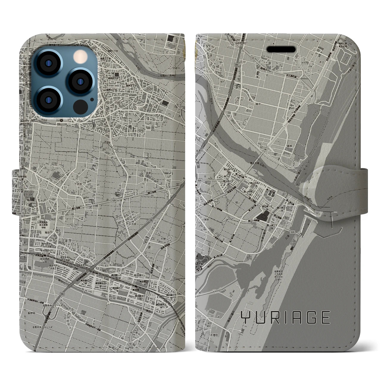 【閖上(宮城県)】地図柄iPhoneケース(手帳タイプ)モノトーン・iPhone 12 / 12 Pro 用