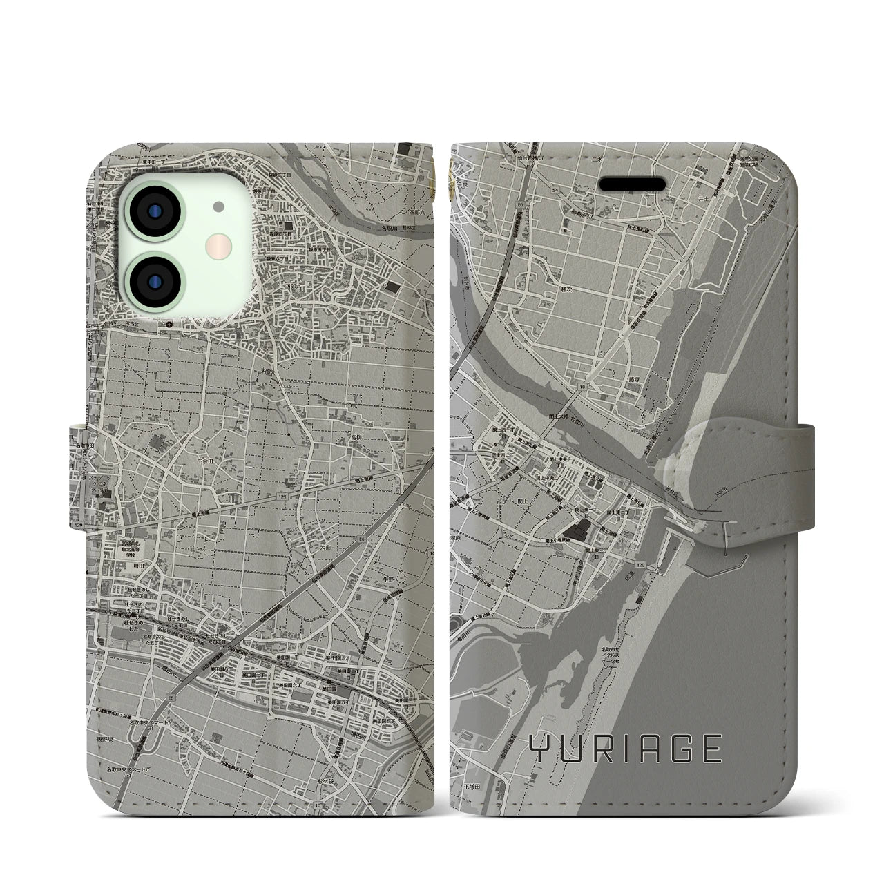 【閖上(宮城県)】地図柄iPhoneケース(手帳タイプ)モノトーン・iPhone 12 mini 用