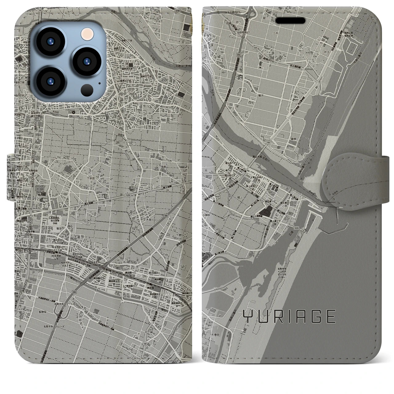 【閖上(宮城県)】地図柄iPhoneケース(手帳タイプ)モノトーン・iPhone 13 Pro Max 用
