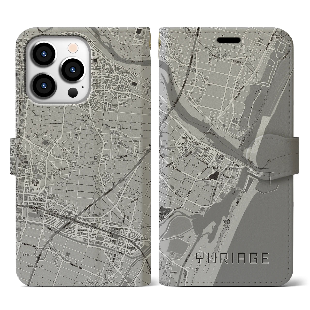 【閖上(宮城県)】地図柄iPhoneケース(手帳タイプ)モノトーン・iPhone 13 Pro 用