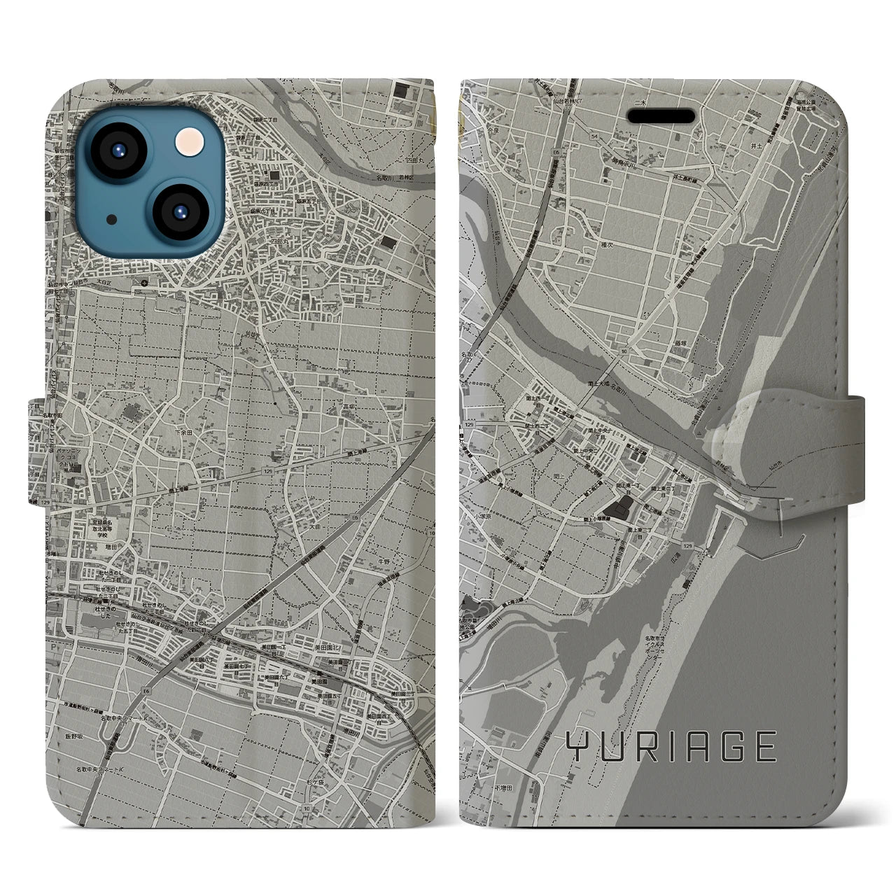【閖上(宮城県)】地図柄iPhoneケース(手帳タイプ)モノトーン・iPhone 13 用