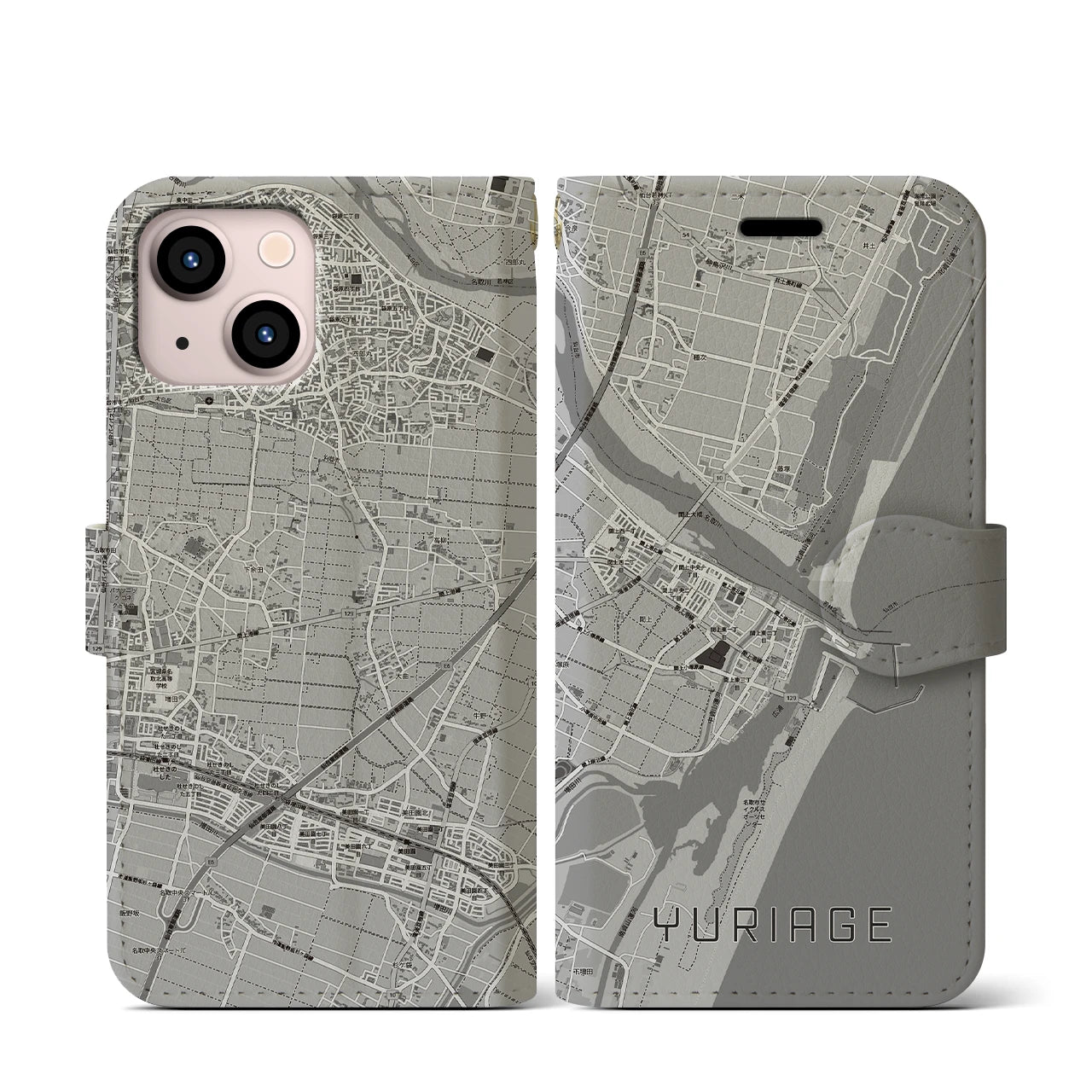 【閖上(宮城県)】地図柄iPhoneケース(手帳タイプ)モノトーン・iPhone 13 mini 用